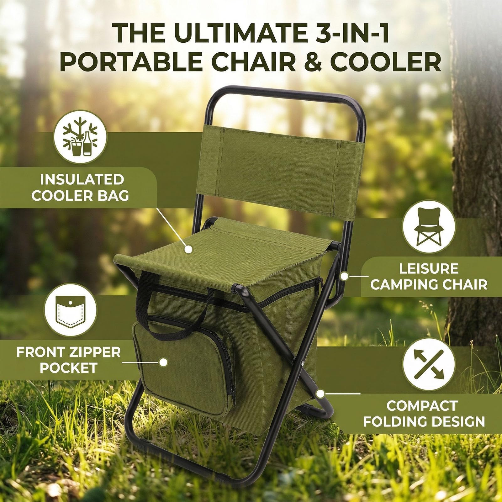 Asixxsix Sedia da Pesca Pieghevole con Borsa Termica, 3 in 1
