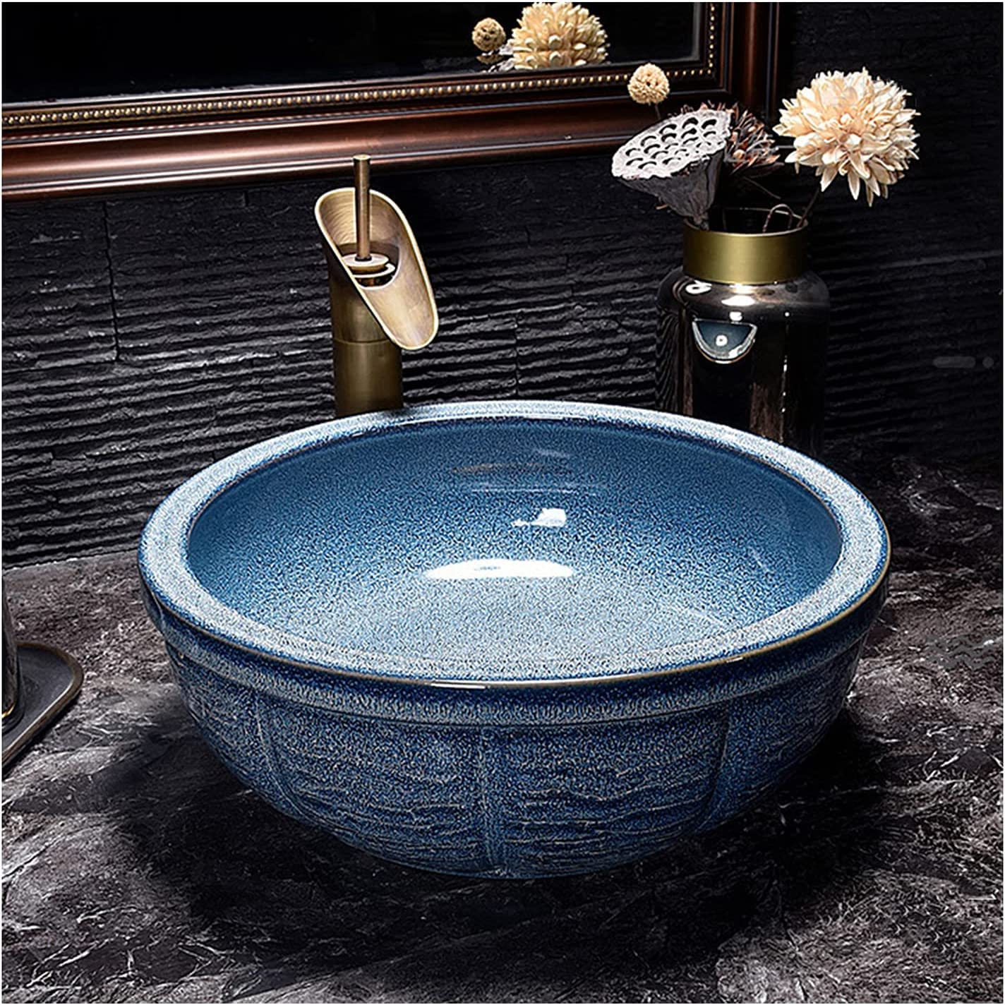 Vasque à Poser en Céramique Bleue 42 cm - Lavabo Rond Salle de Bain avec Robinet