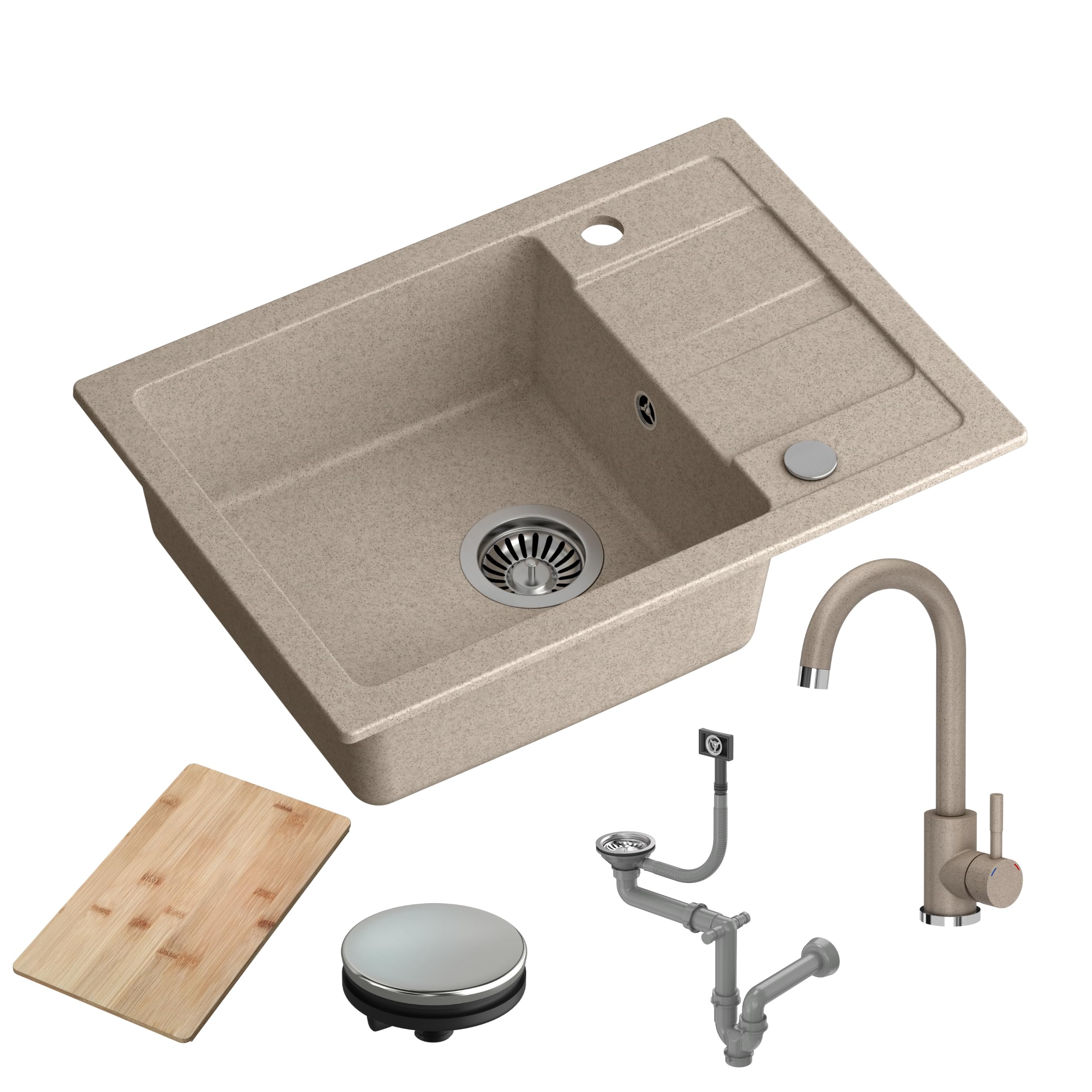 QUADRON Lavello da cucina in granito | Dimensioni 62 x 44 x 17,5 cm Beige | Lavello GO SMART in granito Lavello a vasca singola | Lavello da incasso con rubinetto da cucina