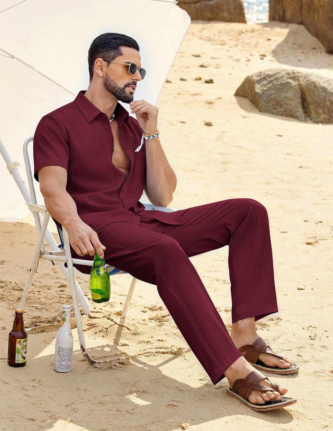 COOFANDY Mens 2 Piece Sets Summer Outfits Short Sleeve Button Down Shirt Loose Pant Sets Beach Vacation Outfits - Image 3