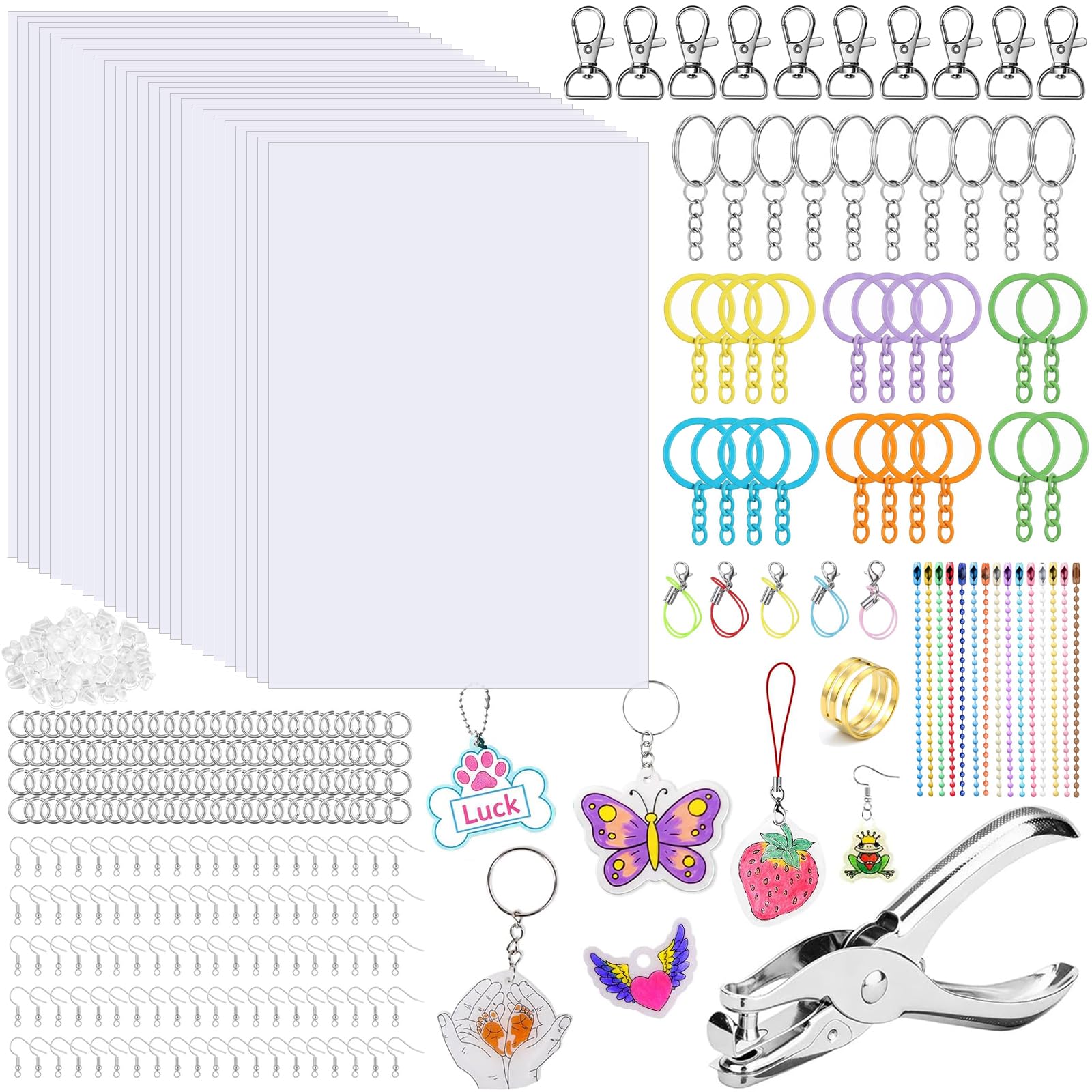 Mtiscolla Heat Shrink Plastic Sheets Kit with 25PCS Blank Shrinky Art Film Paper, 360PCS Earring Keychain Making Accessories Set and Hole Punch for DIY Hand Made Ornaments Creative Shrinky Art Crafts