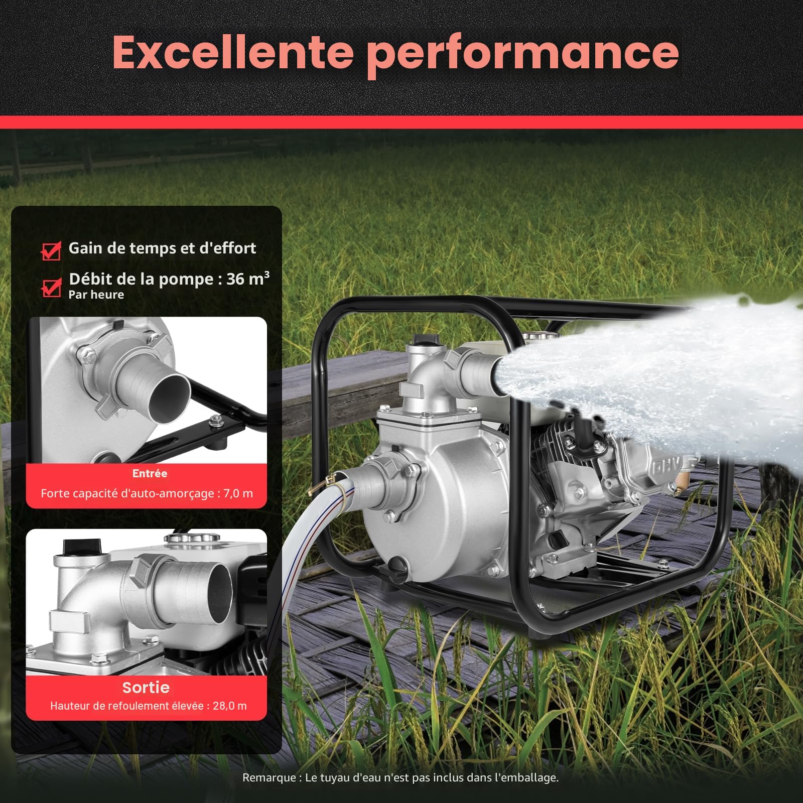 Pompe à eau à essence Moteur 4 temps 6,5 CV 210 CC 4,8 kW Motopompe eaux usées Raccord 2 pouces Hauteur refoulement 28 m Débit 36000 l/h