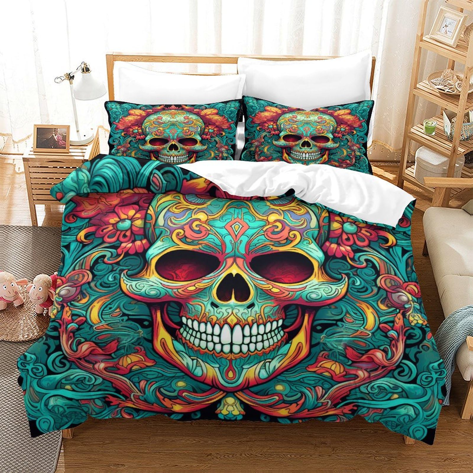 P1S9U7W5Y Vivid Skull 3D Printed Duvet Cover Set 3pcs Microfiber Skull Bedding Set Double