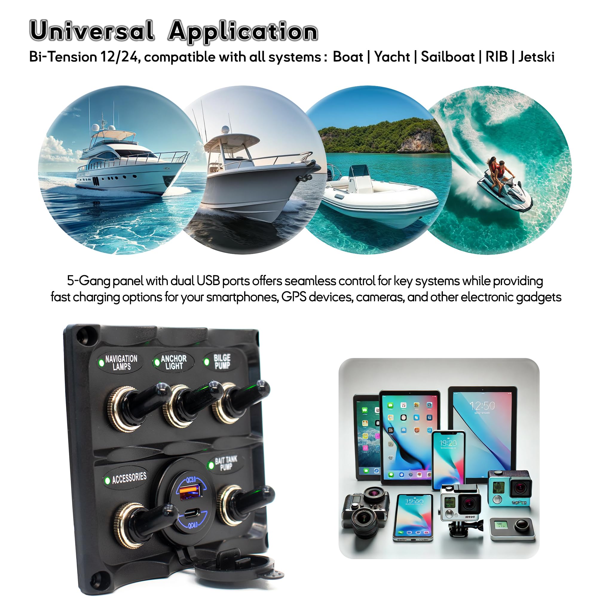 Panneau de commutateurs à bascule étanche IP67 – 5 voies – avec Chargeur Double USB 60W – 12/24V – pour bateau, voilier, yacht, annexe, jetski | BAYWATT (TSP5WU)