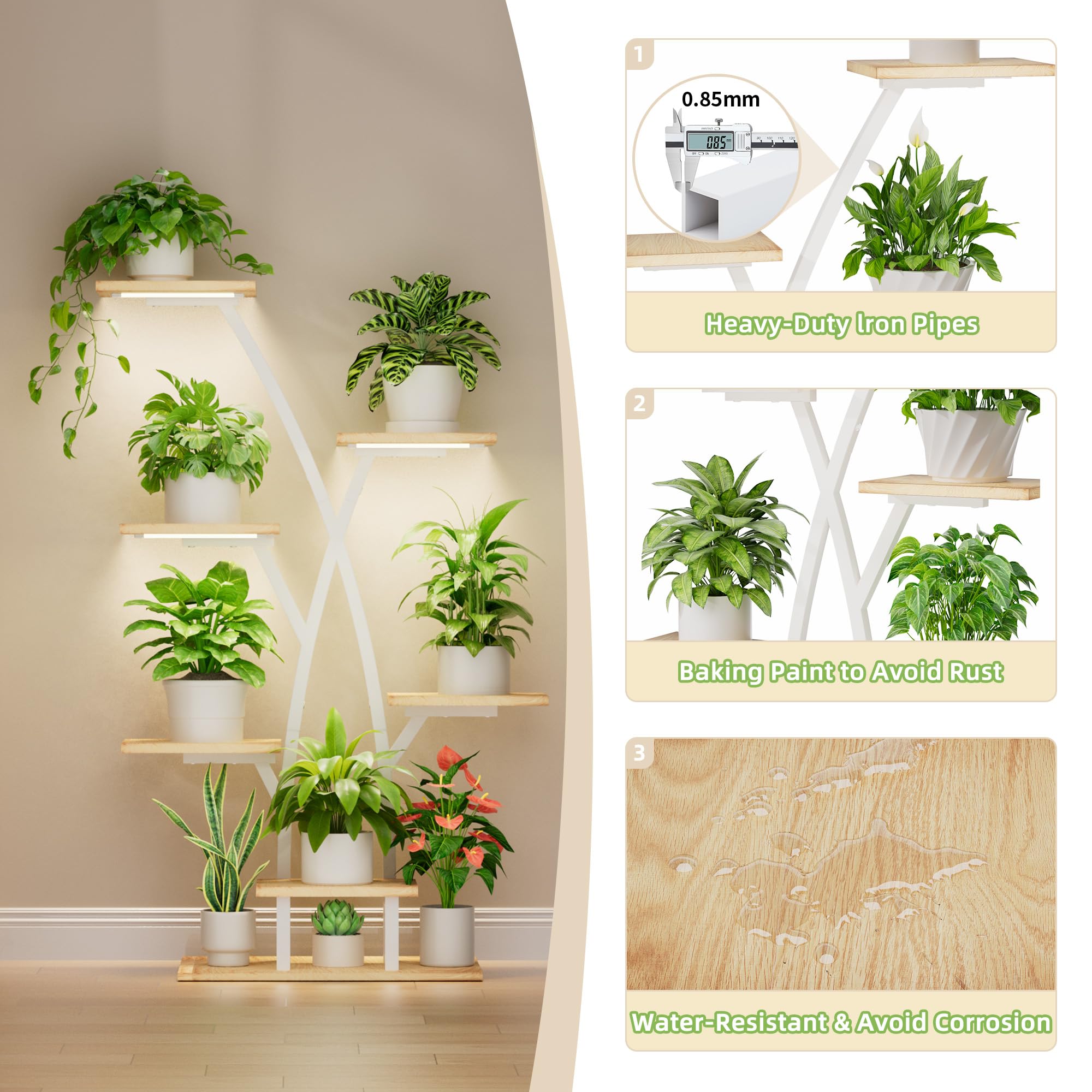 BACEKOLL Pflanzenständer mit Wachstumslicht - 7 Ebenen Blumenständer 105cm Metall Holz Pflanzenregal - Innen & Außen Blumentreppe - Dekoratives Schwarz Blumenregal für Innen Garten Balkon