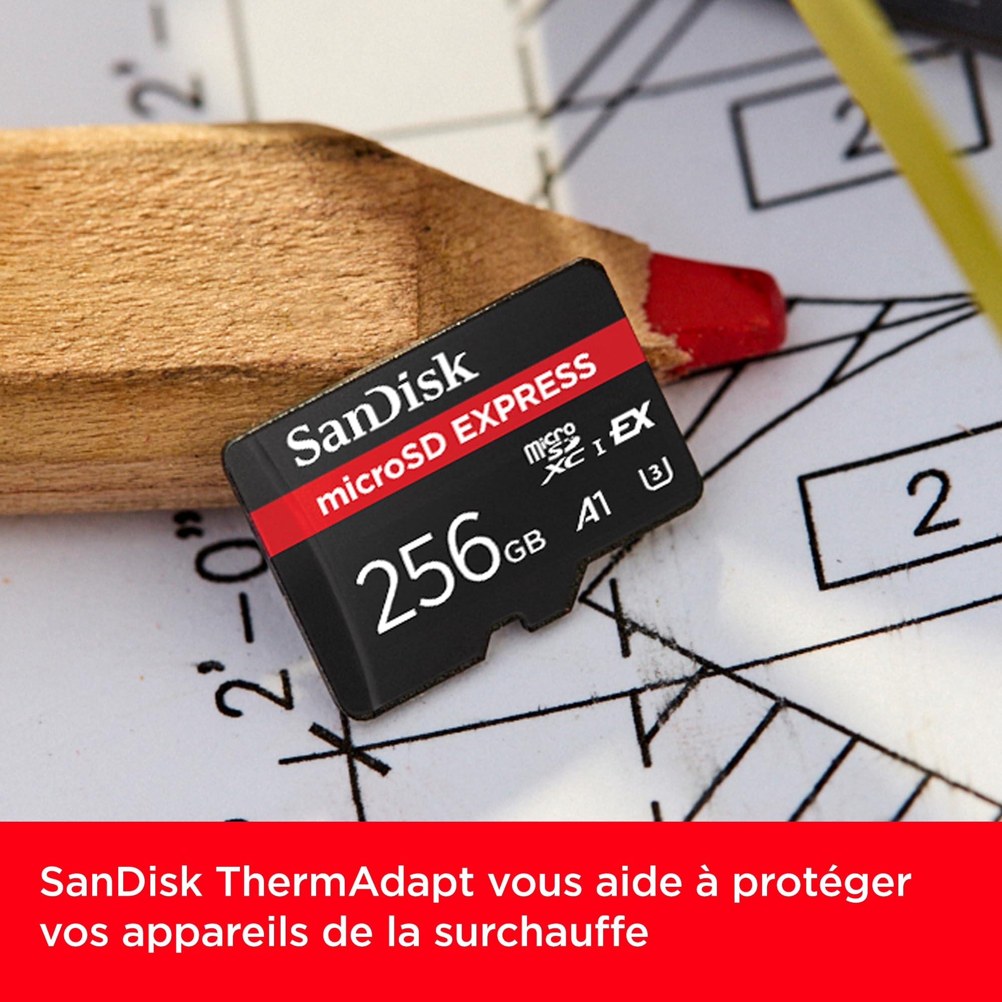 SanDisk microSD Express, 256 Go Carte microSD, Vitesee de lecture/écriture jusqu'à 880/480 Mo/s, Des vitesses de lecture jusqu’à 4,4 fois plus élevées que nos cartes microSD Class 10, U3