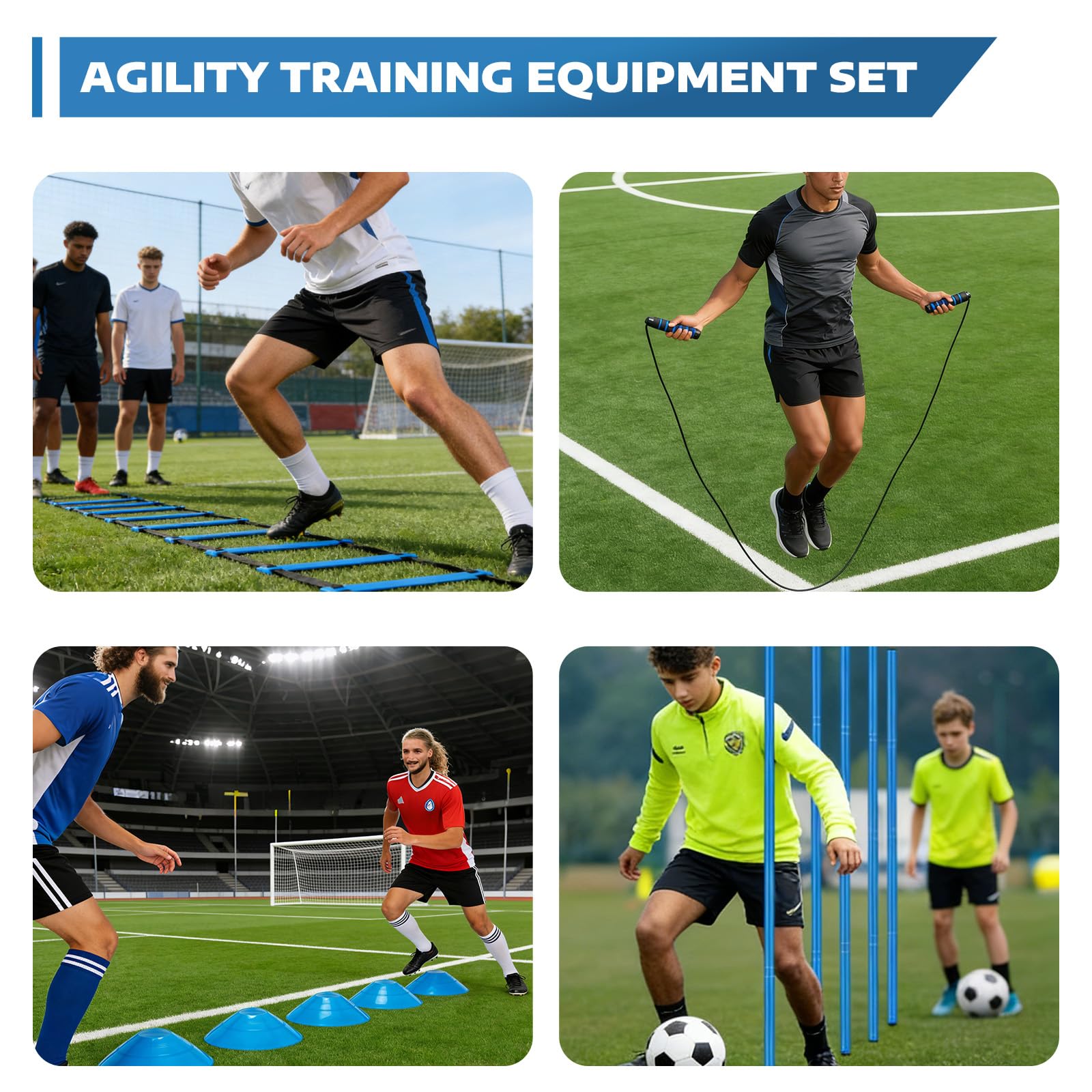 Slalomstangen Fussball Trainingszubehör mit 6 Slalom Poles, Koordinationsleiter 6m, 12 Hütchen, Springseil und Resistance Fallschirm, Fußball Trainingsset für Koordinationstraining
