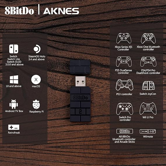 AKNES 8BitDo USB Wireless Controller Adapter 2 Converter Dongle for Switch1/2 / Switch OLED,Steam Deck,Windows,macOS,PS5/PS4/PS3 Controller,X Box Series X/S,X Box One Bluetooth Controller OTG Cable