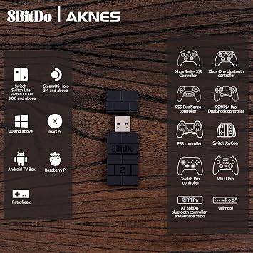 AKNES 8BitDo USB Wireless Controller Adapter 2 Converter Dongle for Switch1/2 / Switch OLED,Steam Deck,Windows,macOS,PS5/PS4/PS3 Controller,X Box Series X/S,X Box One Bluetooth Controller OTG Cable