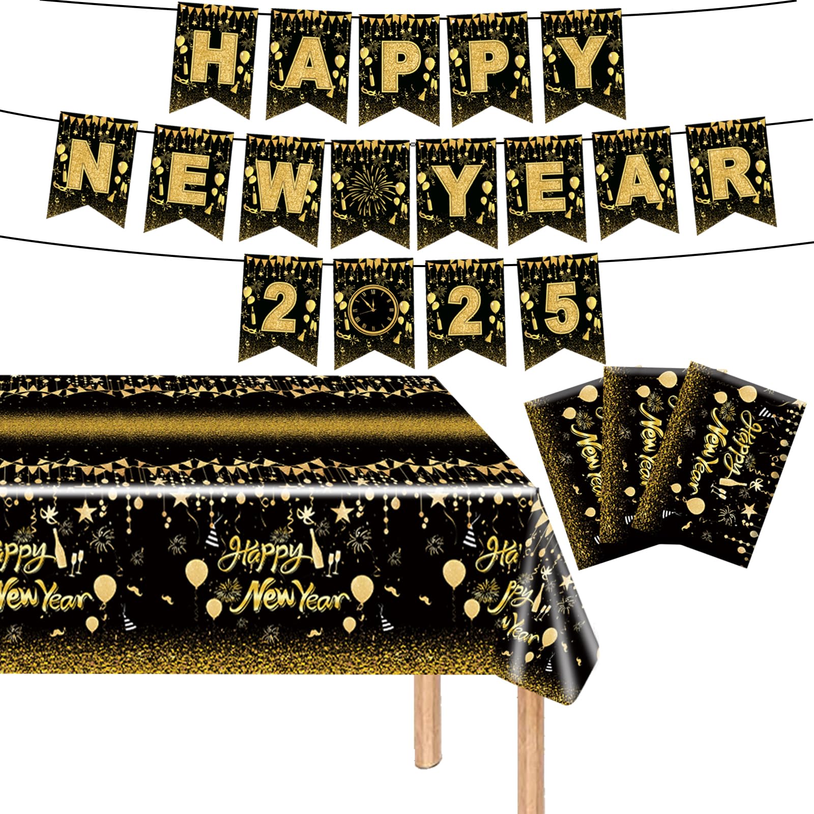 4Pcs Happy New Year Decorations,Includes Gold Glitter Banner + Happy New Year Tablecloth,New Years Eve Party Supplies