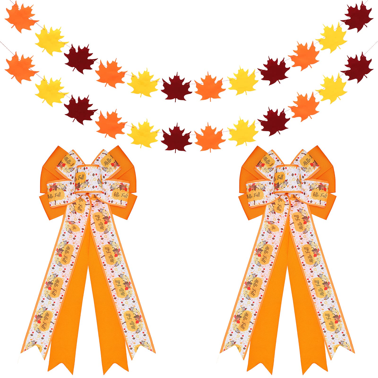 Photo 1 of 2 Pieces Large Thanksgiving Fall Wreath Bows 11.8 x 7.8 Inch Orange Pumpkin Wreath Bows with 2 Pieces Hanging Felt Maple Leaves Banner Decoration for Front Door Indoor Outdoor Party Supplies