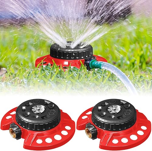 2 aspersores de césped de 9 patrones, rociadores pequeños estacionarios de agua de 360 grados, base decorativa de metal resistente para regar áreas