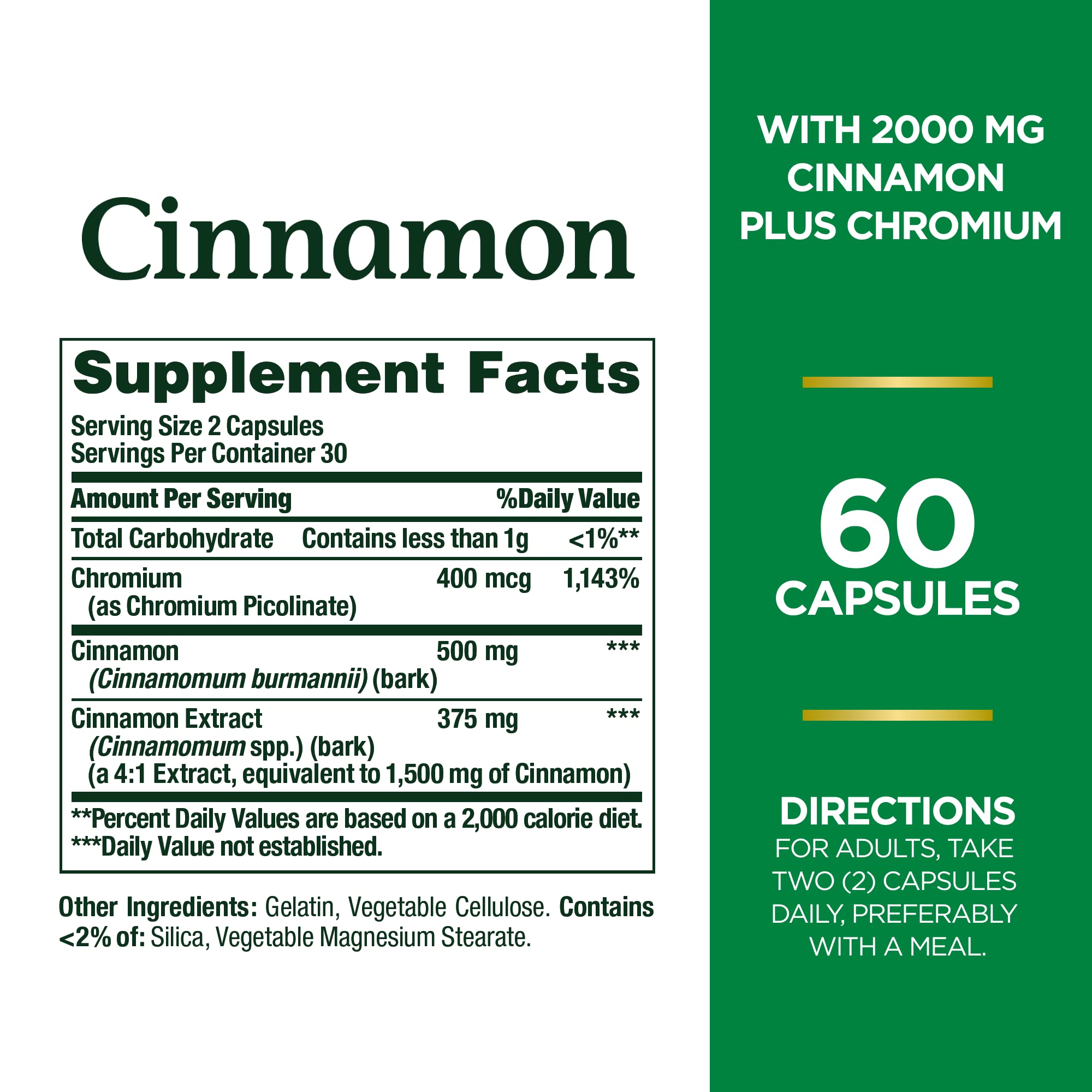 Nature's Bounty Cinnamon 2000mg Plus Chromium, Sugar Metabolism Support Supplement, 60 Capsules