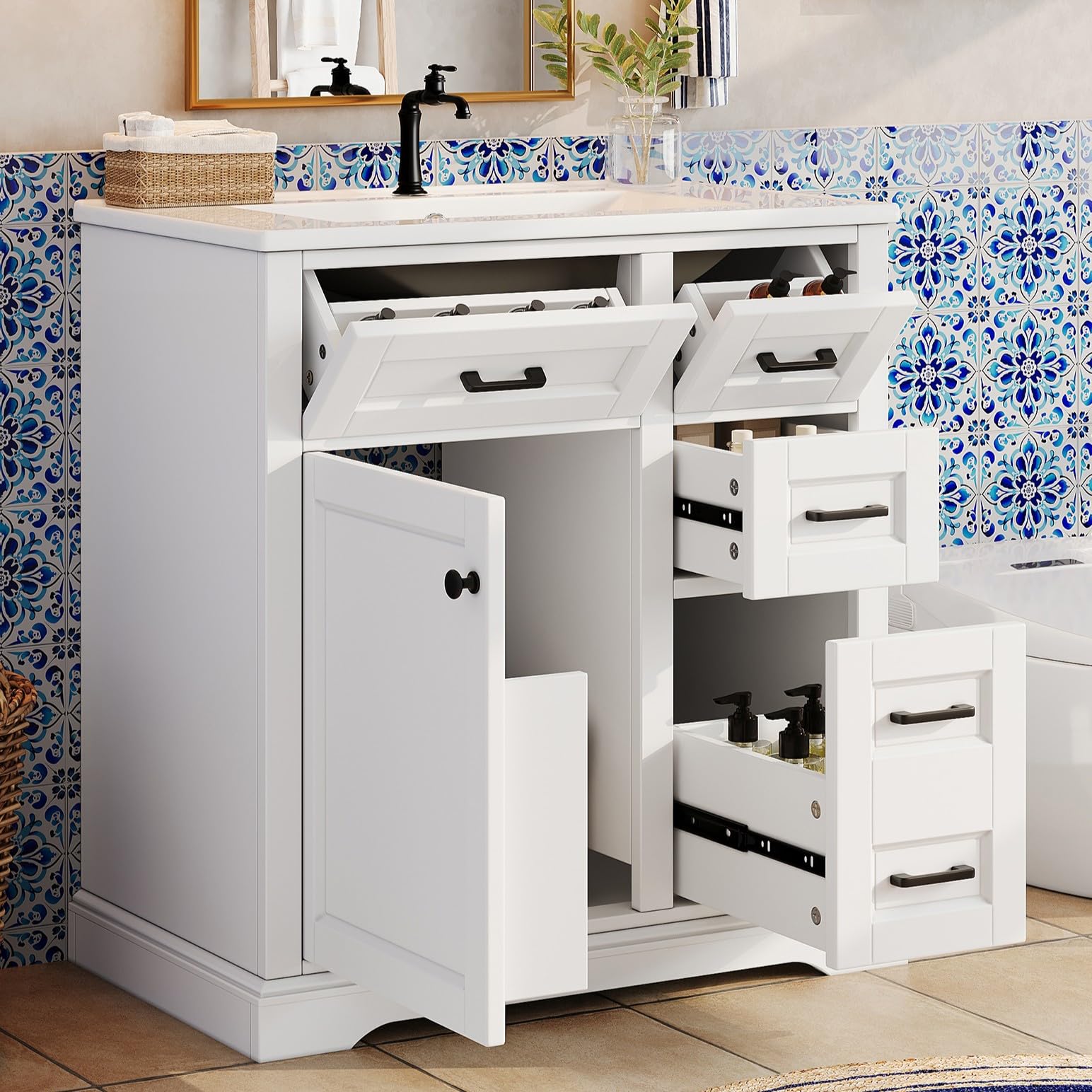 76 x 47 x 82 cm; mobiletto sottolavabo a pavimento; superficie verniciata; ante con funzione soft-close; estrazione laterale a due livelli; lavabo in ceramica integrato; mensola porta; bianco.