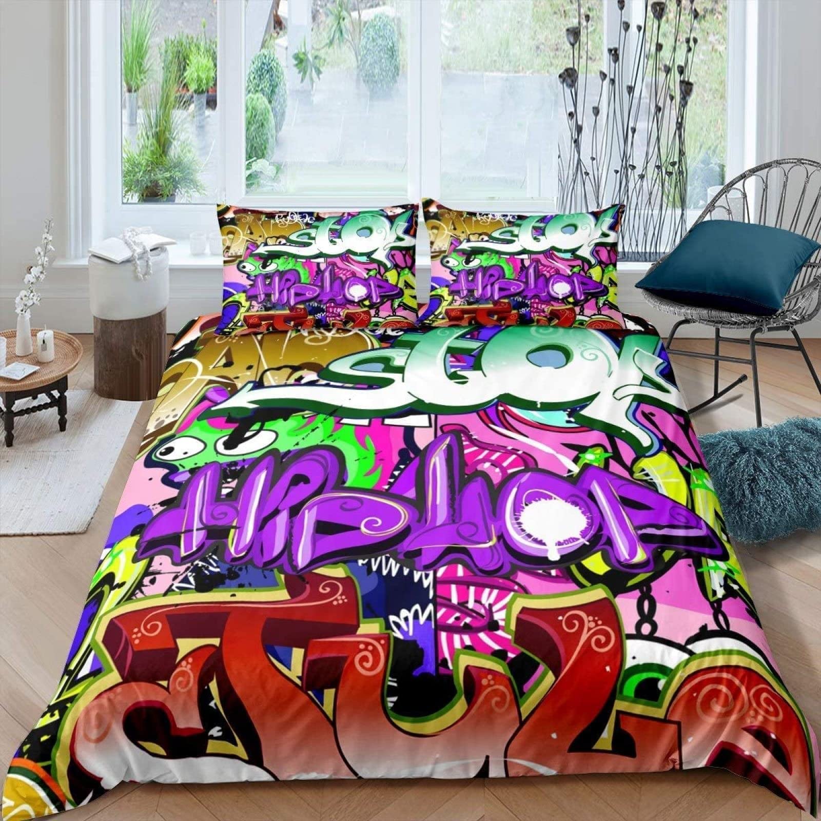 KINITA Housse de Couette 240x260 cm Hip Hop, Dessin de Rue Parure de Lit 2 Personnes Imprimée Microfibre l'hiver Enfants Garçons Filles Adultes Housses de Couettes et 2 Taies d'oreiller 65x65 cm