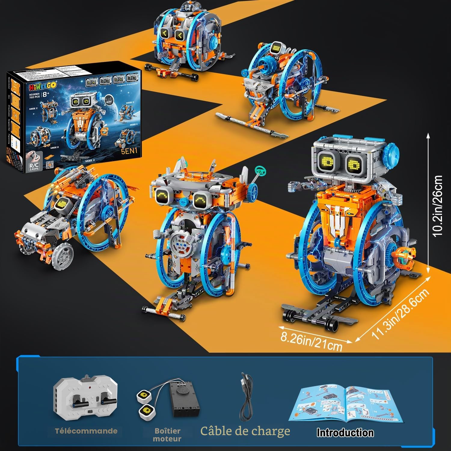 HiWEEGO Jouets Robots RC avec Yeux LED et Sons modifiables, Application et télécommande Rechargeable Kit robotique 5 en 1 Cadeau pour Enfants garçons Filles âgés de 12 Ans et Plus (783 pièces)