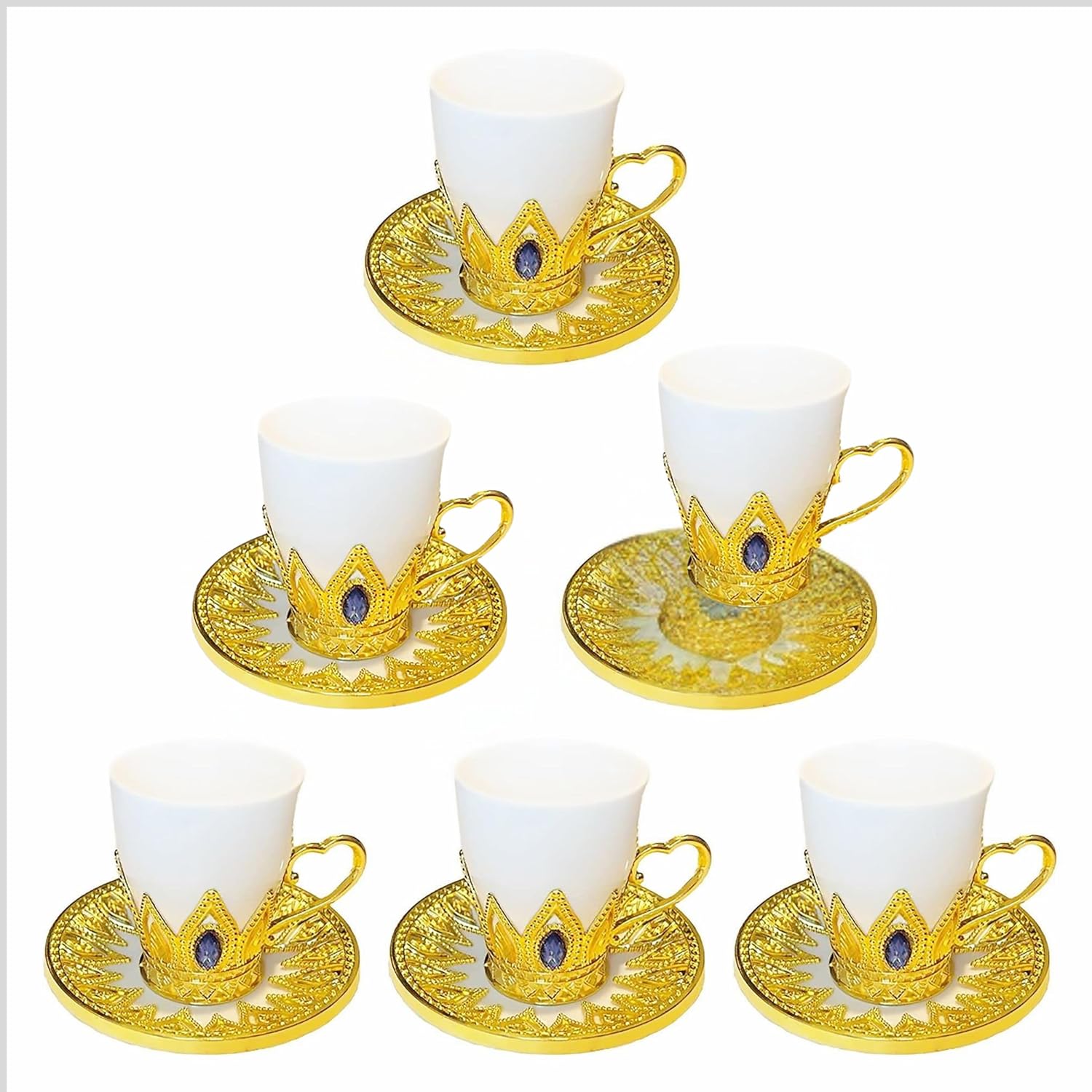 Chandler White Porcelain Coffee Cup Set with Golden Acrylic Accent and Blue Gem - 6 Cups and 6 Saucers - Gift Box Included (Round)