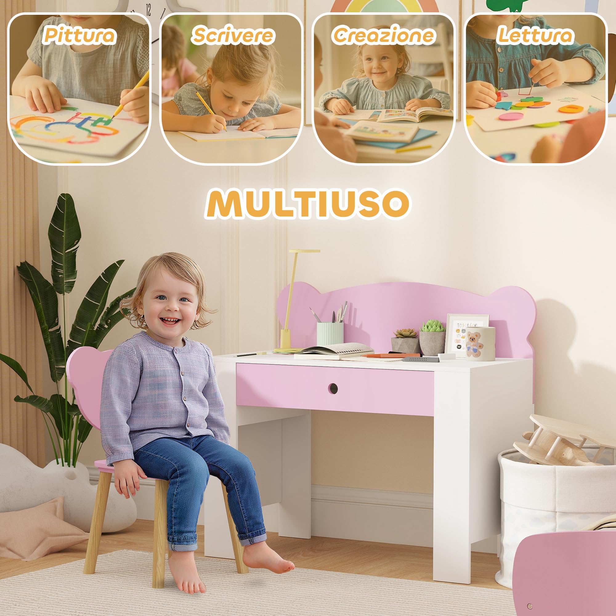 AIYAPLAY Set Scrivania per Bambini con Sedia, Tavolo da Studio con Cassetto, Schienale a Forma di Orsetto, Età 3-8 Anni, Rosa