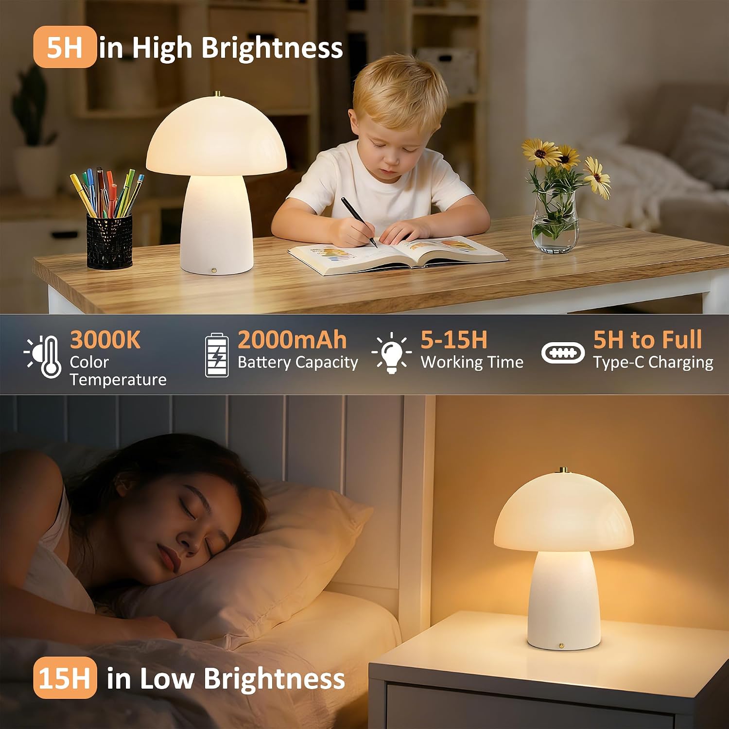11" Mushroom Table Lamp, Small Ceramic Desk Bedside Lamp with Touch Control 3-Way Dimmable & Glass Shade, Modern Nightstand Lamp for Living Room Bedroom Home Office Crackle Texture Decor-White