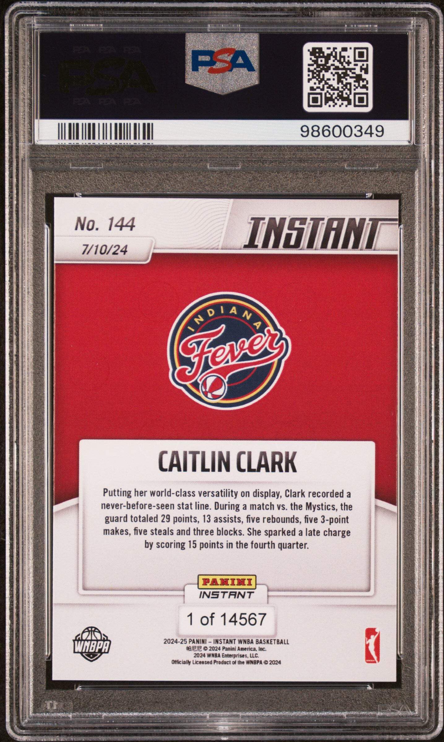 2024 PANINI INSTANT 144 WNBA CAITLIN CLARK RC STORICA STAT LINE