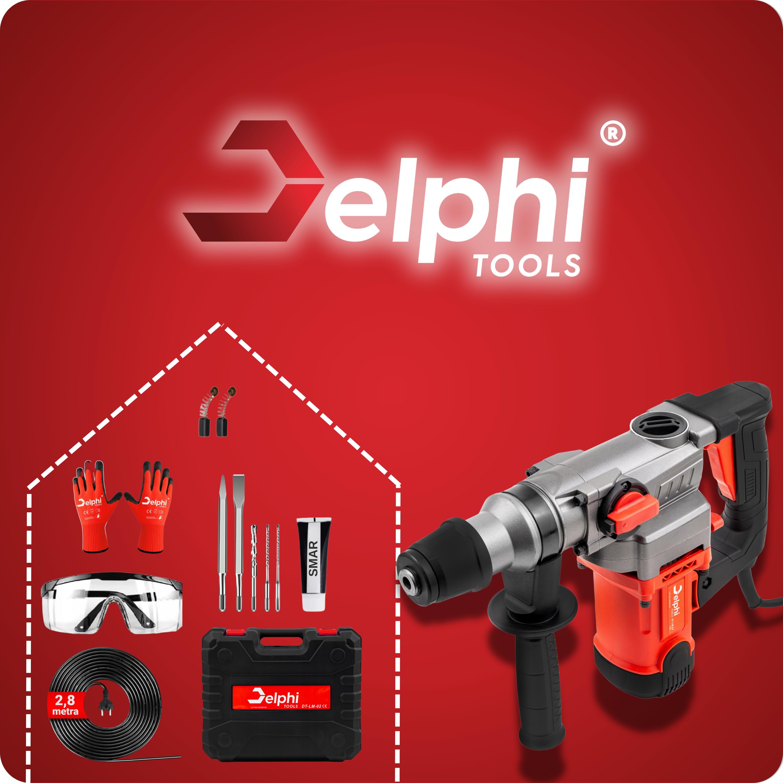 Delphi Martello Demolitore SDS Plus 2200W, Trapano a Percussione 3 Funzioni, 4J Energia d’Impatto, con Custodia, Punta e Scalpello, Cavo da 2,8m, Set di Accessori