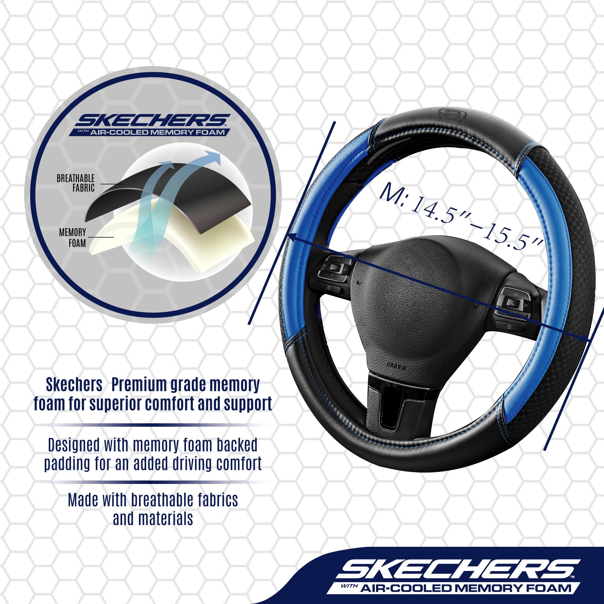Skechers Luftgekühlter Lenkradbezug, luftgekühltes Netz-Leder, universelle Passform, 35,6 cm, 1,27 - 38,1 cm, Auto-Radschutz für Männer und Frauen, passend für SUVs, Vans, Limousinen, Auto, LKW, Blau