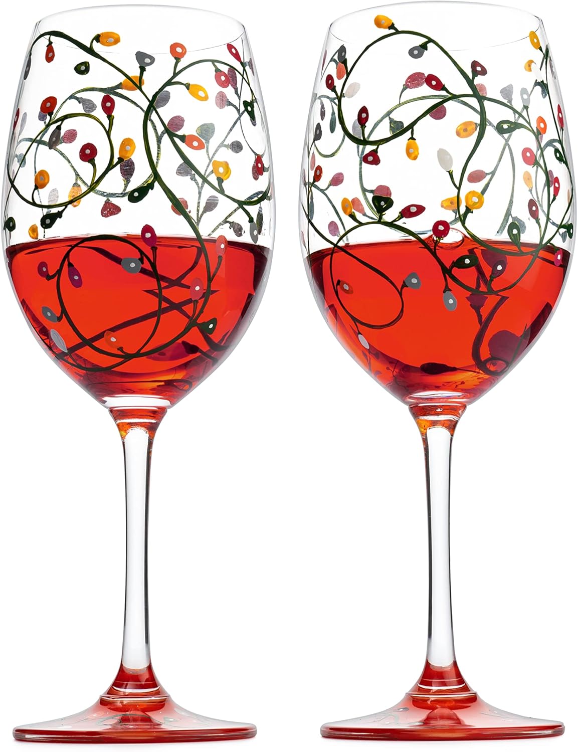 Festive Themed Lights Stemmed Wine & Water Glasses – Artisanal Hand Painted Ornament Light Bulb Design – Tree Motif – Set of 2, 21oz Decorative Glassware Party Wedding Gifts