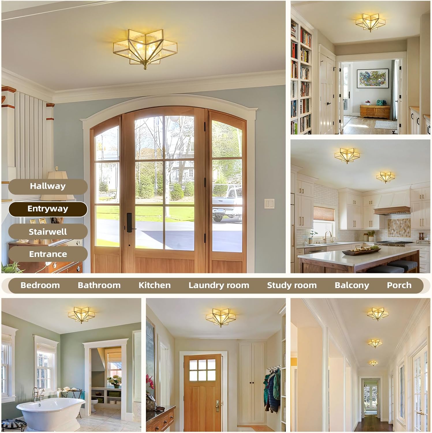 Star Brass Vintage Ceiling Light - 12.2 in Small Hammered Glass Antique Brushed Gold Flush Mount Fixture, Mid Century Art Deco Overhead Lighting for Kitchen Hallway Bedroom Bathroom Laundry Entryway