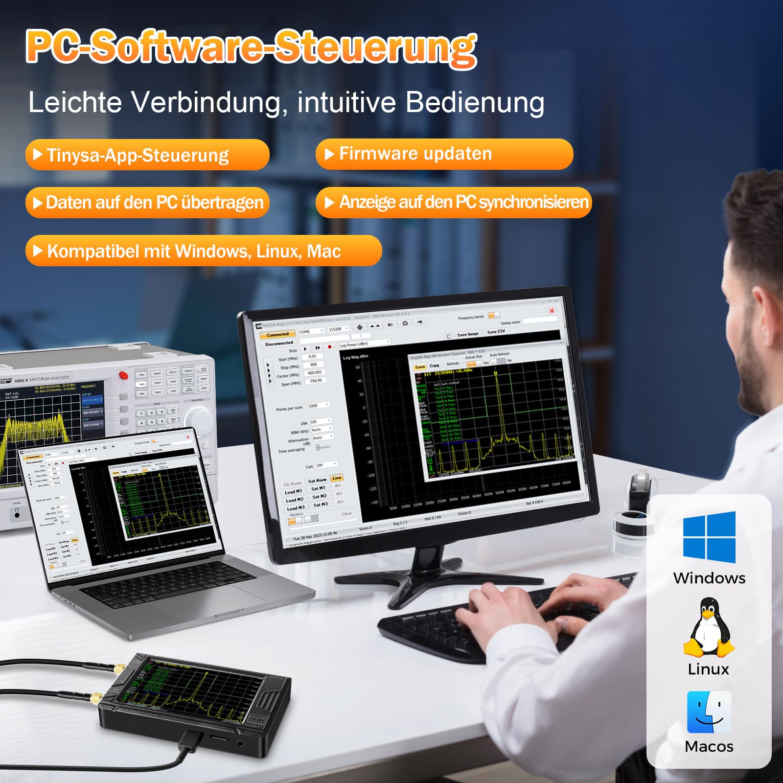 AURSINC 2025 HW V0.4.6 TinySA Ultra+ ZS406 Spektrumanalysator, 100 kHz-5,4 GHz 4,0-Zoll Handheld Frequenzanalysator mit 32 GB Karte, 2-in-1-Signalgenerator MF/HF/VHF UHF-Eingang