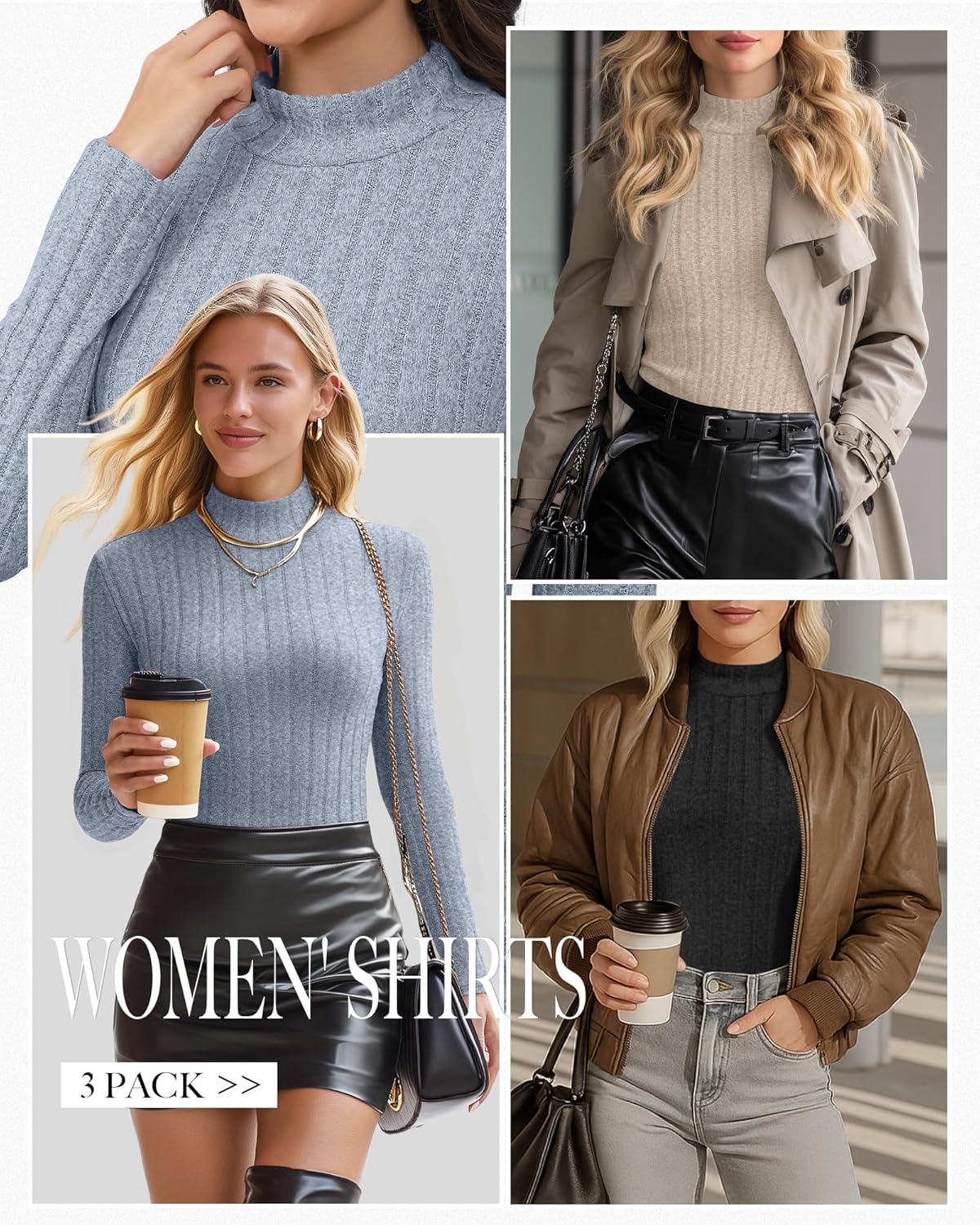 3 Pack Women's Mock Turtleneck Sweaters, Long Sleeve Ribbed Knit Tops Fit Soft Thermal Underwear, Lightweight Spring Pullover - Image 2