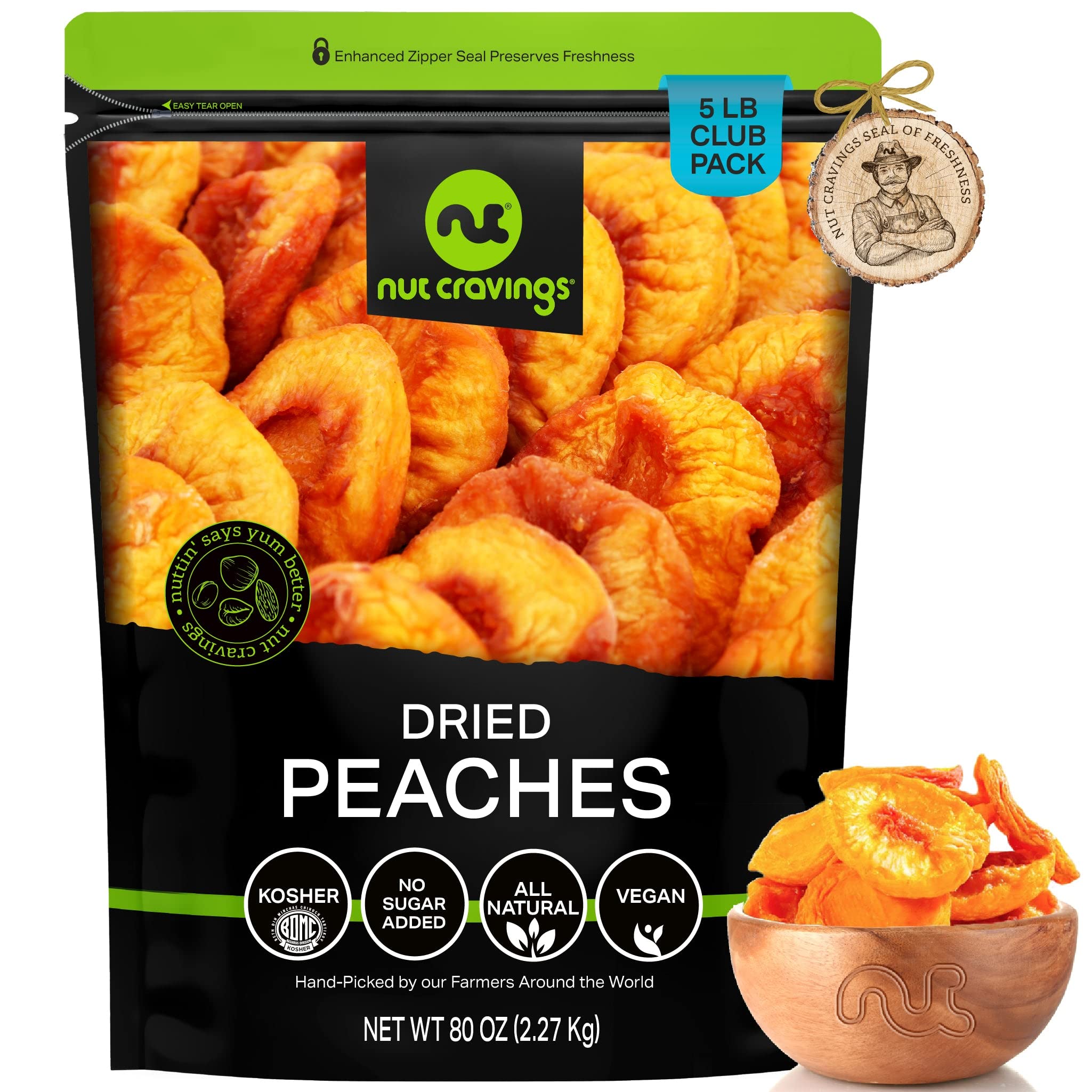 NUT CRAVINGS - Sun Dried California Peaches, No Sugar Added, Unsweetened (80oz, 5 LB) Bulk Dry Fruits Packed Fresh in Resealable Bag - Sweet Healthy Snack, Naturally Grown, Vegan, Kosher