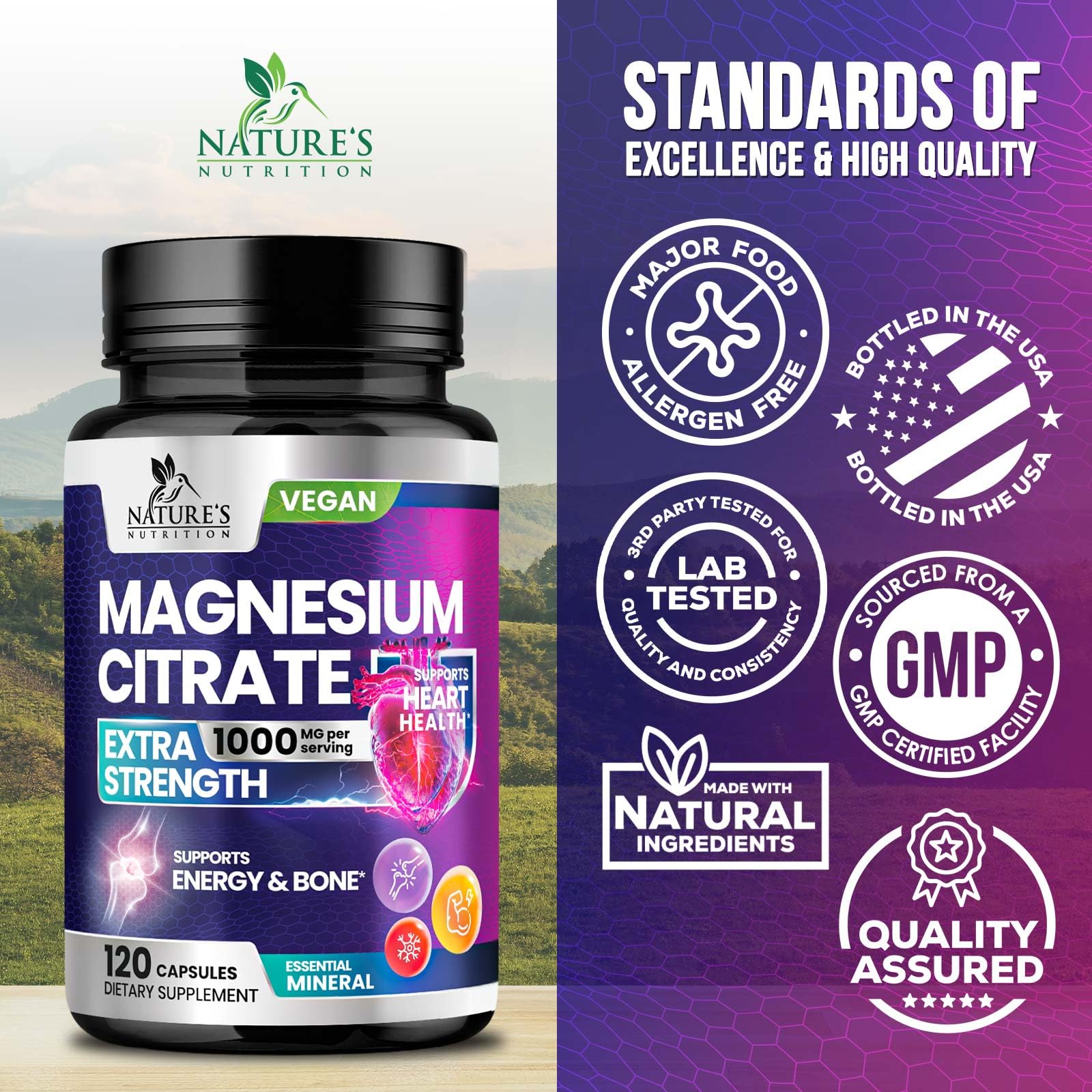 Magnesium Citrate 1000mg Per Serving - 3X Strength Magnesium Supplement for Bone, Muscle, Heart, Natural Sleep Support for Men & Women, Vegan Mag Mineral Pills, Bottled in USA - 120 Capsules — Amazon image 4