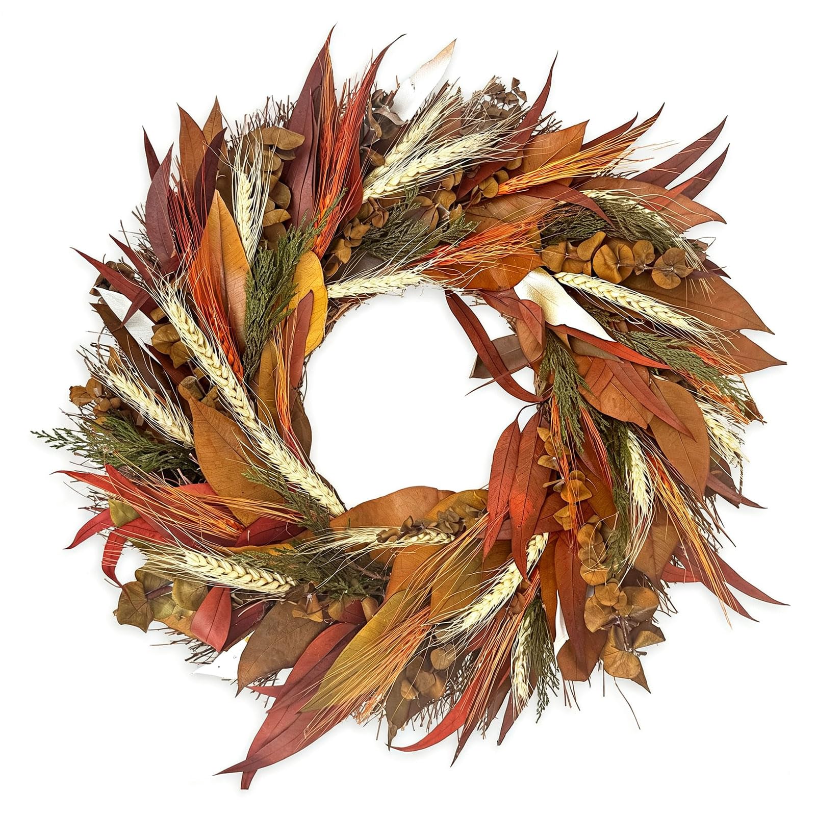 Künstlicher Herbst Türkranz mit Weizenähren und bunten Herbstblättern, 30-50cm Erntedankfest Kranz, Ernte Dekokranz für Haustür, Wand, Bauernhaus, Thanksgiving, Innen & Außen Dekoration (50 cm)