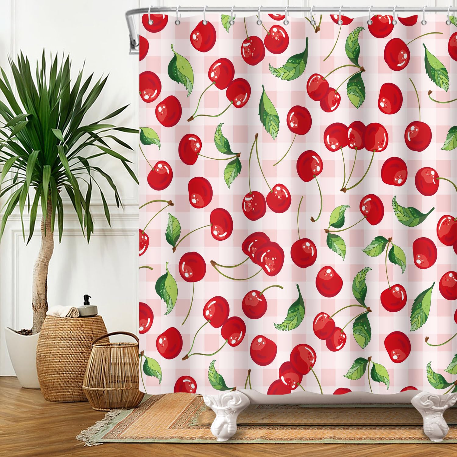 DASHAN Red Cherry Shower Curtain Watercolor Aesthetic Shower Curtains for Bathroom Fruits Bath Curtain Cute Bathroom Curtain Decor Spring Shower