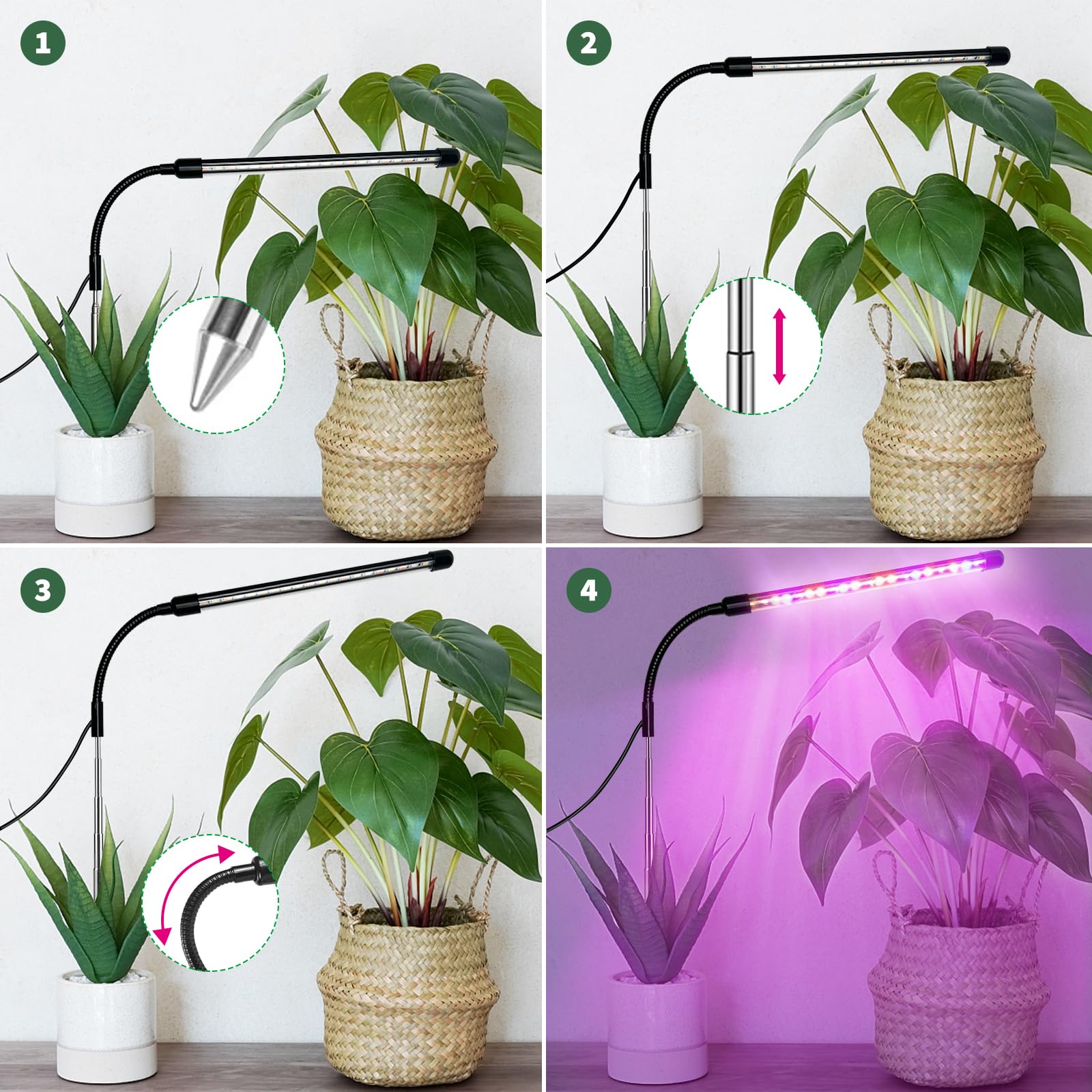 Luce per Piante, Lampada per Piante a Spettro Completo Regolabile in Altezza con Timer 3/9/12 Ore, Lampada per Piante con Adattatore, 10 Luminosità, 3 Modalità, Ideale per Piccole Piante