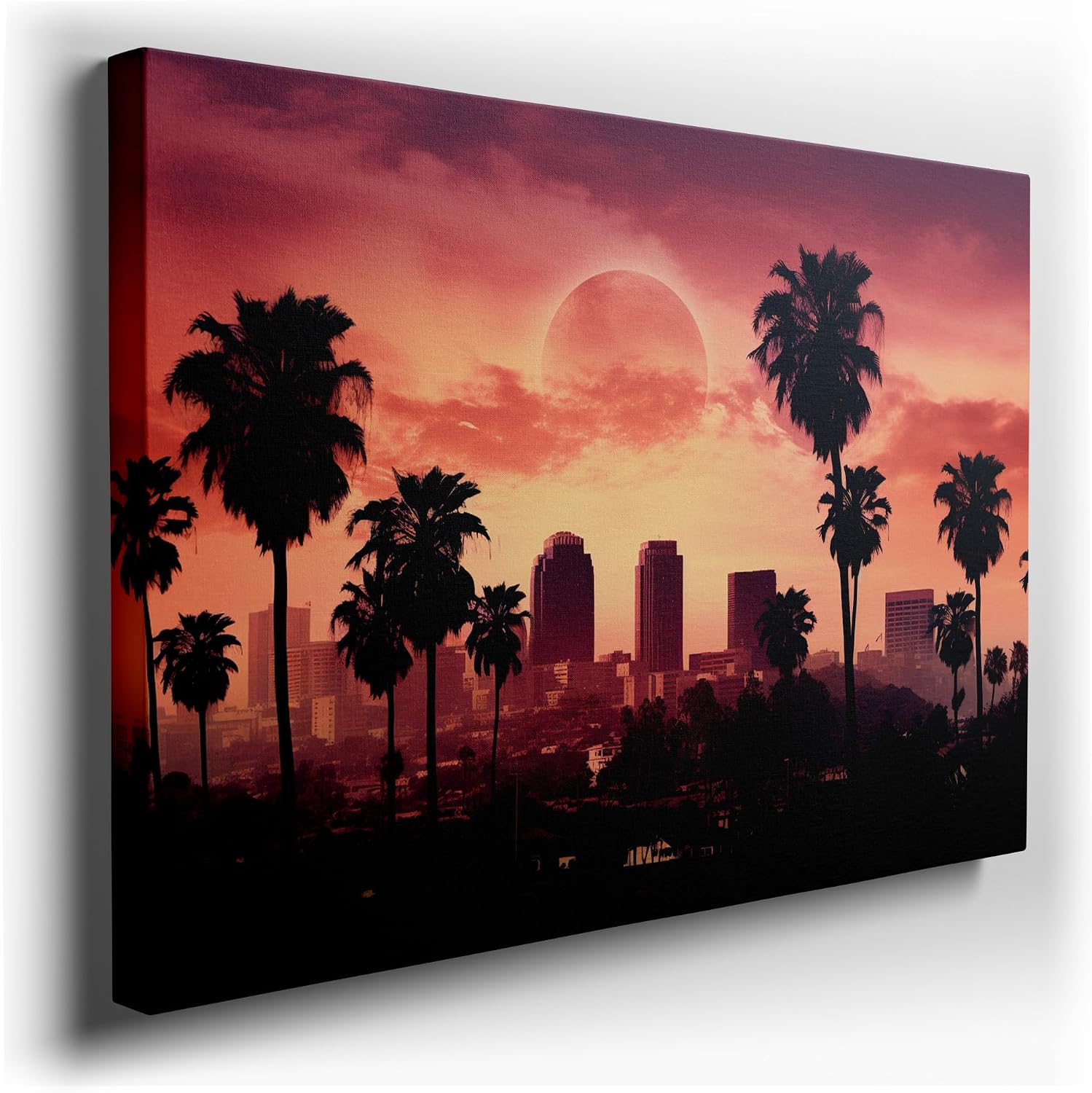 Canvas for Living room. Los Angeles Sunset Splendor Embraces the Full Moon Majesty, 27 x 18 inch Canvas Wall Art - Contemporary Masterpieces - Modern Home Decor - 69x46 cm (27x18 inch)