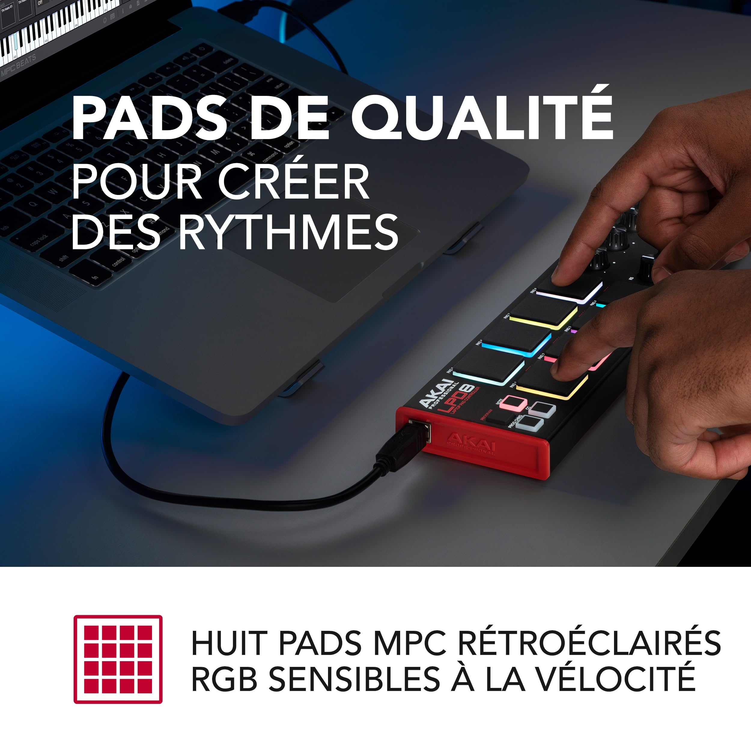 Akai Professional LPD8 - Contrôleur MIDI USB avec Huit Drum Pads MPC Réactifs pour Mac et PC, Huit Molettes Assignables et Logiciel de Production