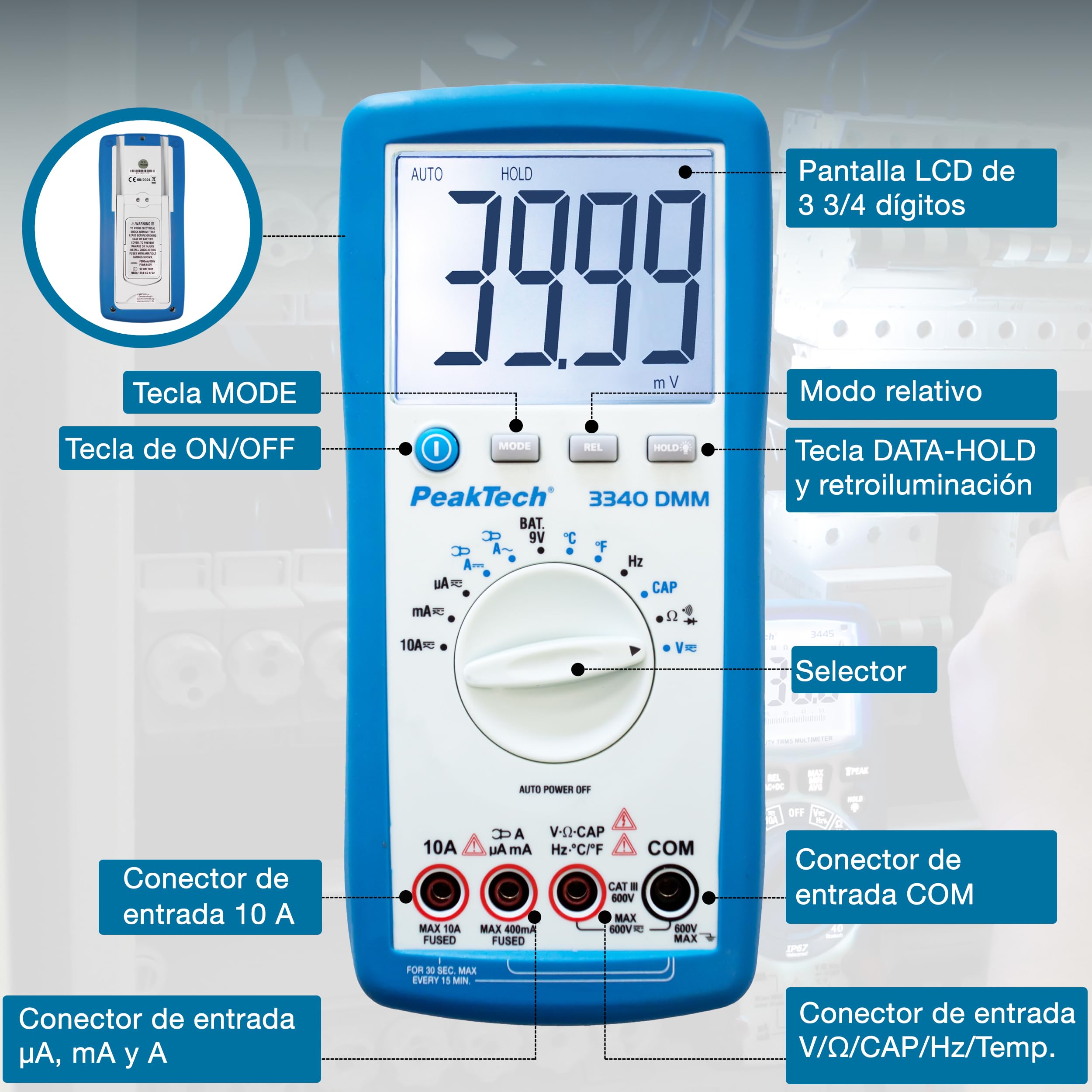 PeakTech 3340 – Multímetro digital RMS con pantalla LCD extra grande, 4000 cuentas, portátil, rango automático, retención de datos REL, medidor de voltaje, probador de continuidad - CAT III 600 V