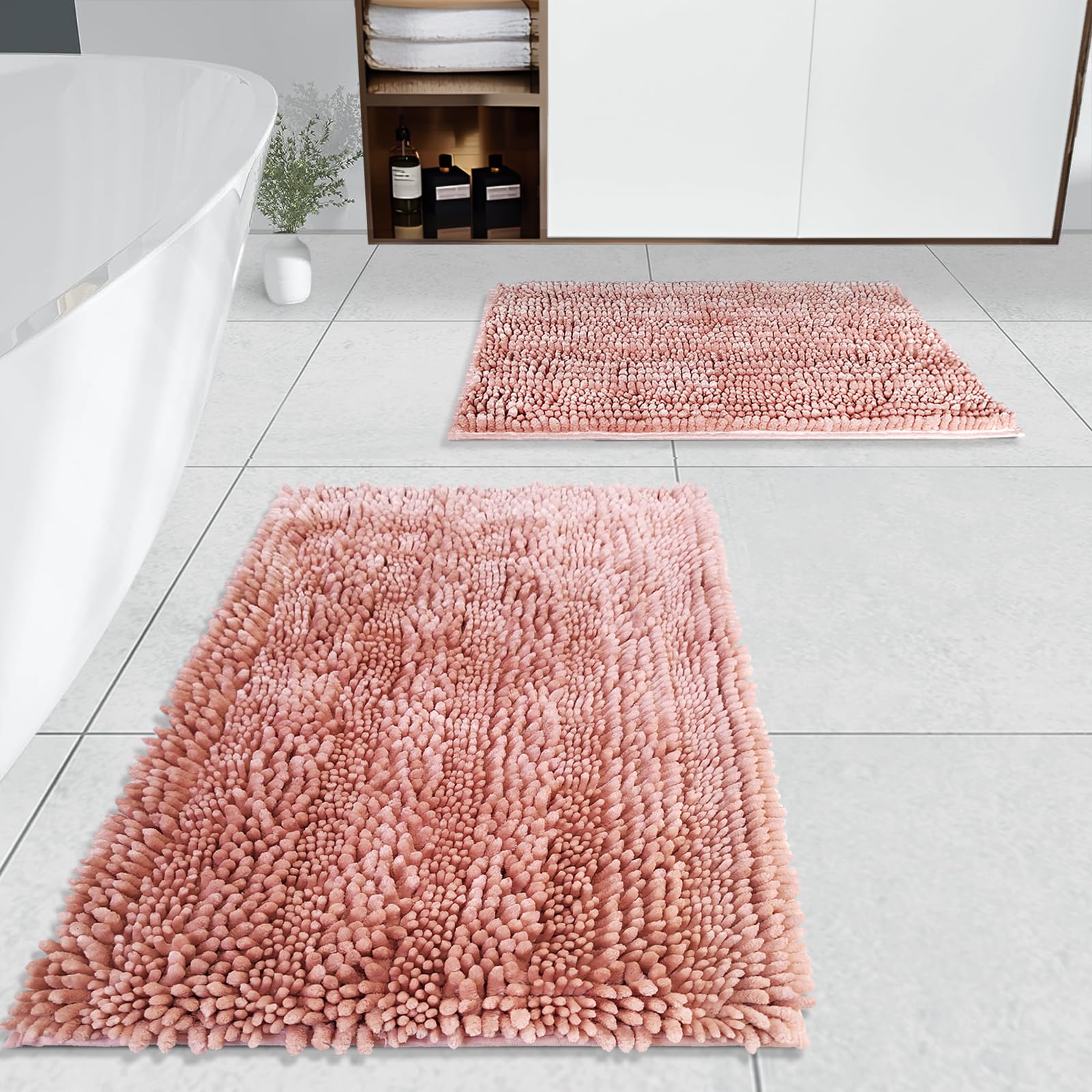 Bathroom Rugs Set 2 Pieces Pink, Luxury Butter Chenille Bathroom Mats Non Slip Bath Mats, Super Absorbent and Machine Washable Bath Rug Sets, 31x20 and 16x24 Inch