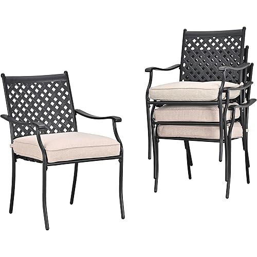 LOKATSE HOME Patio Dining Chairs Set of 4, Stackable Metal Wrought Iron Outdoor Chairs with Armrests & Thick Beige Cushions, All-Weather Heavy Duty Furniture for Garden, Backyard, Deck & Balcony