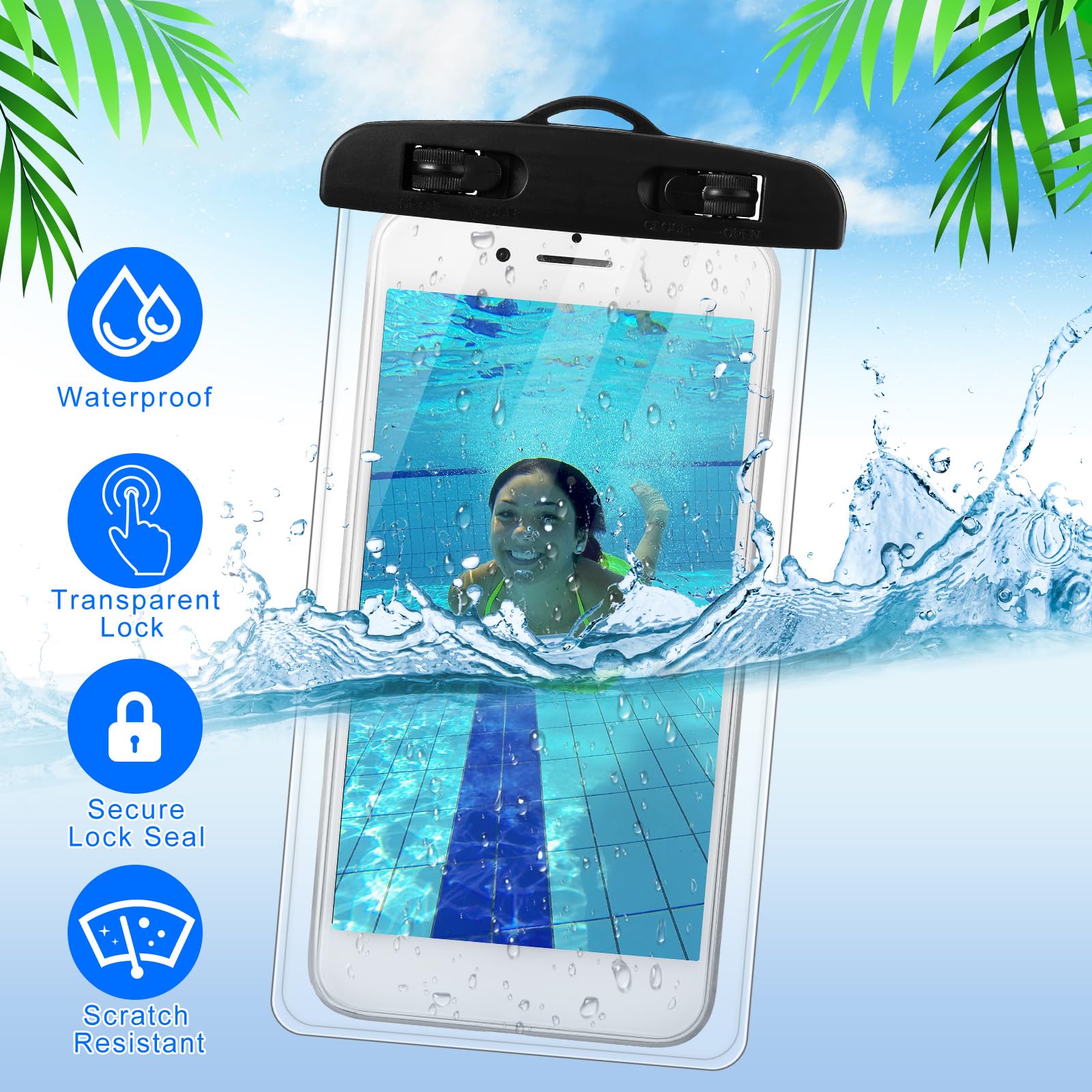 Relaxweex Paquete de 2 fundas impermeables para teléfono y 2 fundas para llaves de identificación en efectivo, funda para teléfono celular, bolsa seca con cordón, brazalete, bolsas secas para