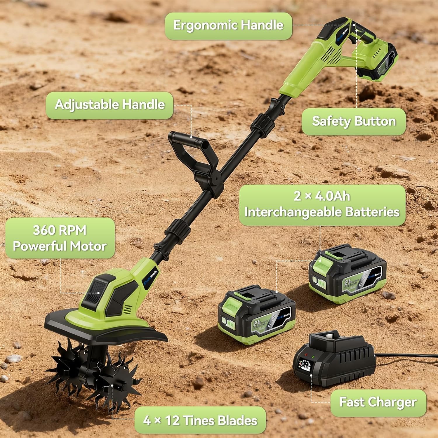 Cordless Tiller Cultivator - 21V 360RPM Electric Garden Tiller with 2 * 4.0Ah Batteries & Fast Charger, 9In Tilling Width and 6.7In Depth, Tiller for Gardening, Lawn, Soil, Green