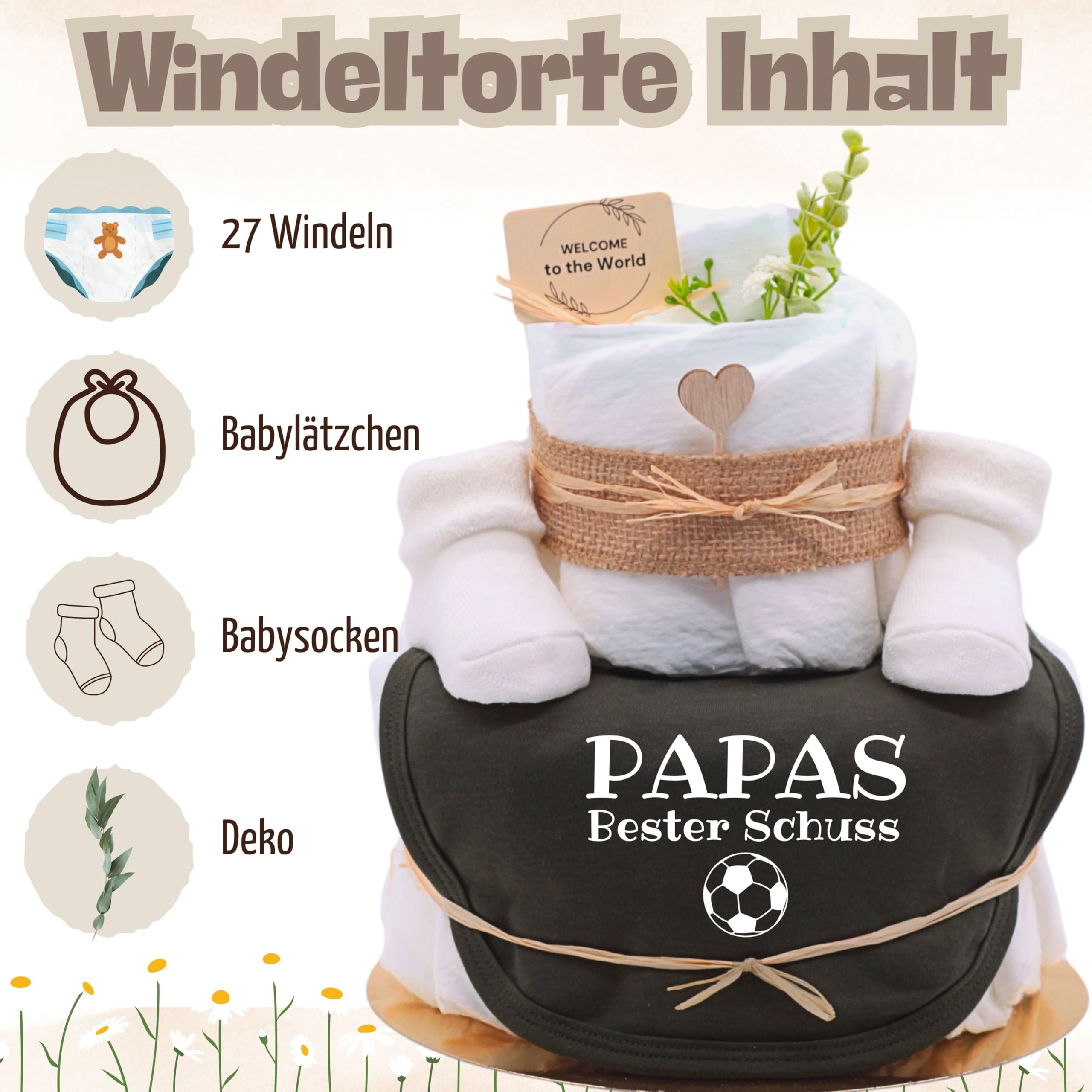 Trend Mama® | Windeltorte | dark oliv grün | Spruch wählbar | 27 Windeln,Lätzchen, Kuschelsocken |Geschenk Geburt (Design| Fussball- Papas bester Schuss)
