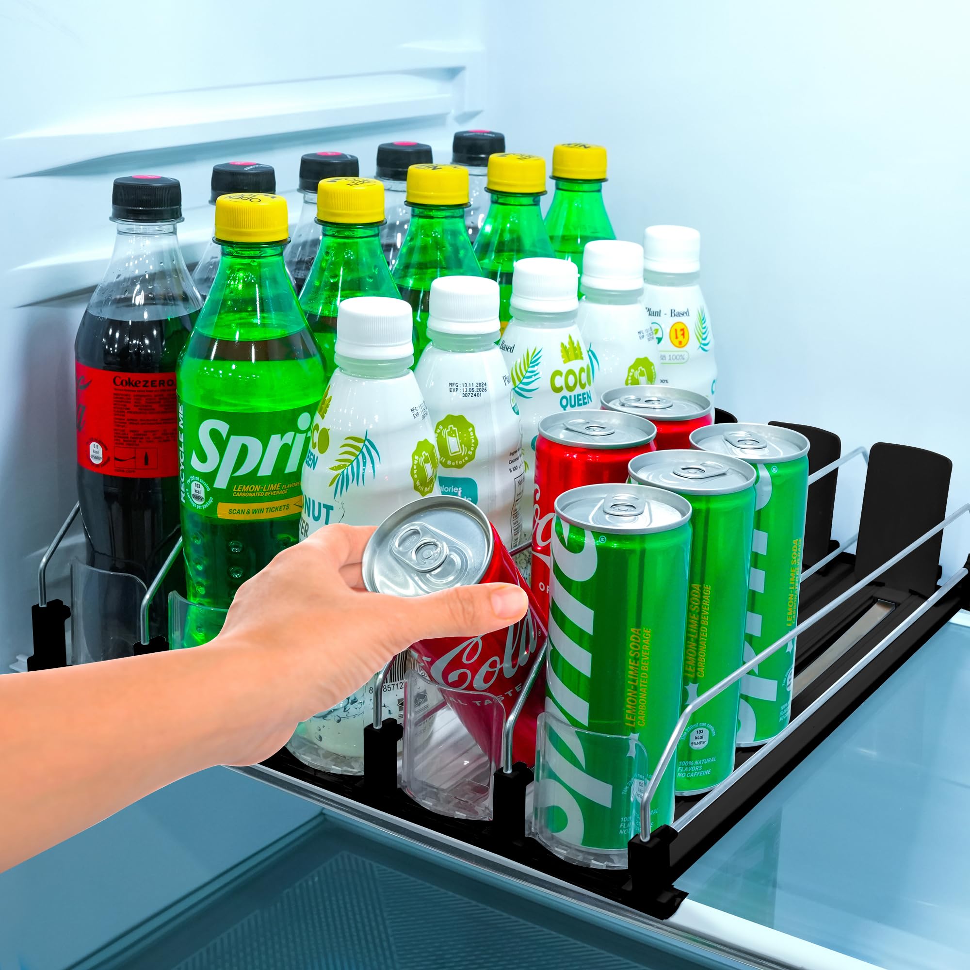 Sip Sort Drink Organizer for Fridge. Upgraded Drink Holder for Fridge with Larger Stopper Height. Width Adjustable Automatic Soda Can Organizer with