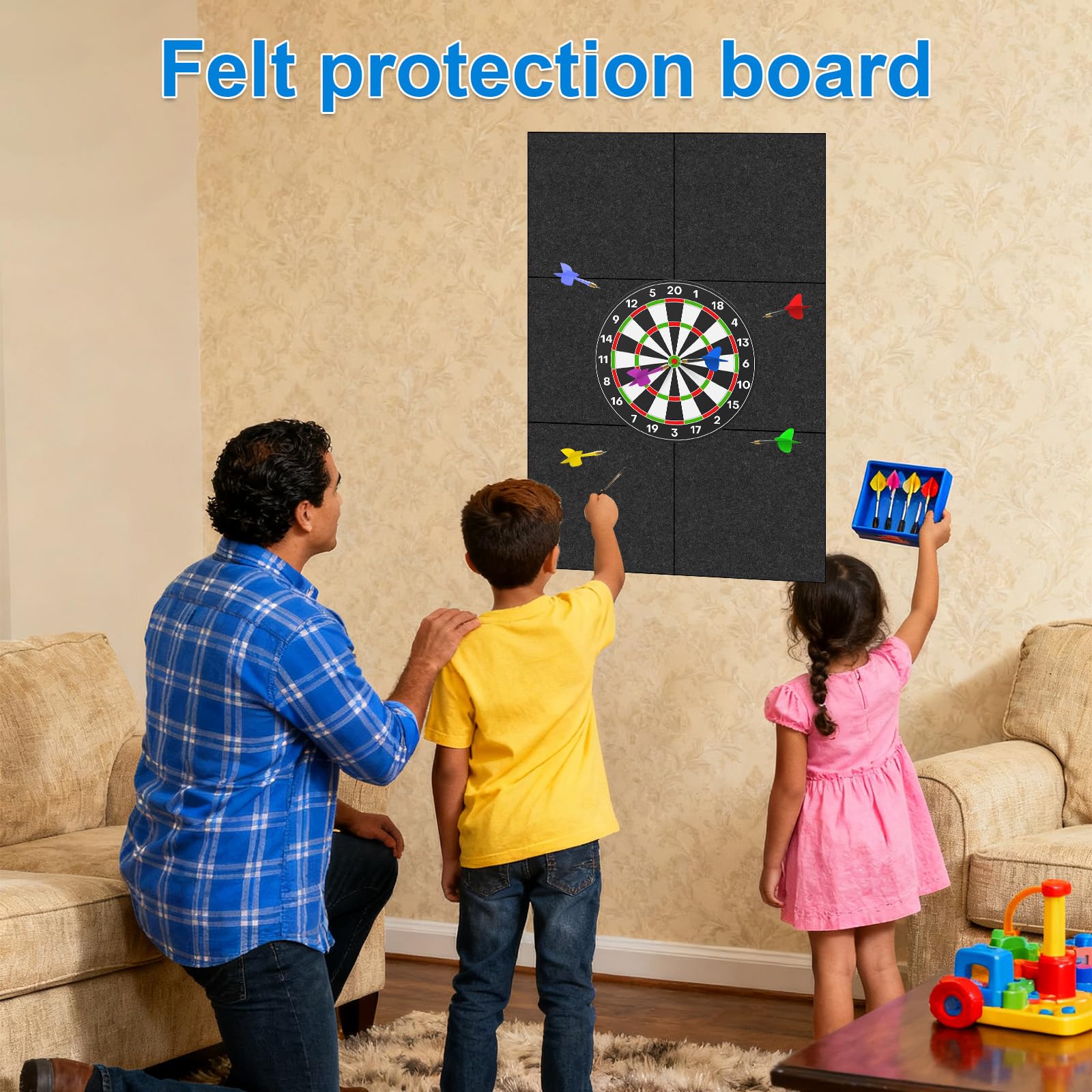 Dart Wandschutz 90x60 cm, Selbstklebend Filz Dartboard-Wandschutz mit Gespleißter Wandumrandung, 6 Stück Filz-Wandfliesen für Dartscheibe Hintergrund Schutz, für Dart Zubehör und Kork Rückseite
