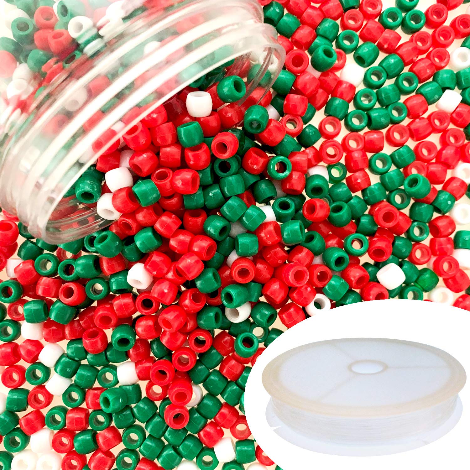 llxieym 1200 Pieces Plastic Round Christmas Pony Beads Craft Beads for DIY Craft Making with Elastic String (Red, Green, White)