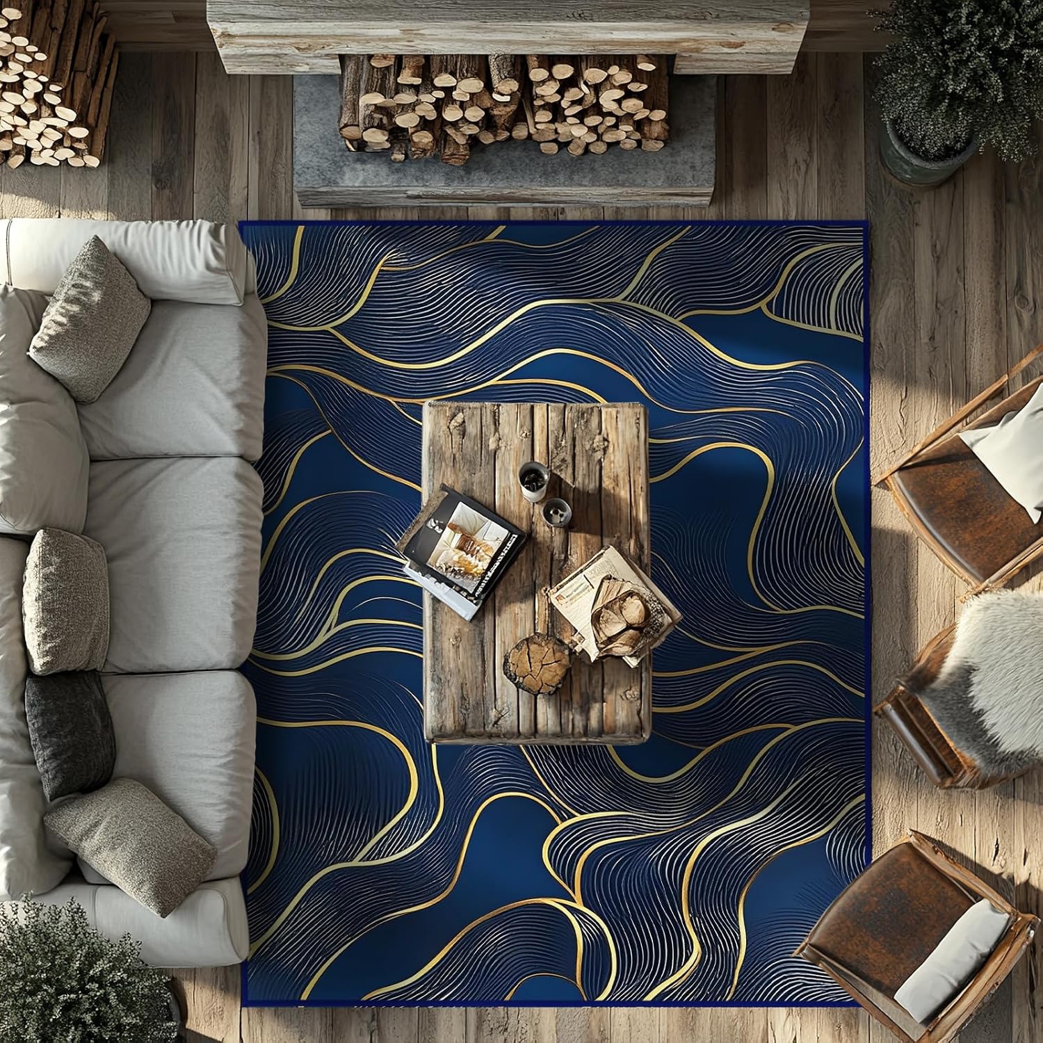 8x10 Area Rug Blue Gold Modern Rug for Living Room Indoor Machine Washable Abstract Rugs for Bedroom Ultra Soft Dining Room Large Carpet Non-Slip Non-Shedding Throw Rug for Home Office Abstract_blue 8'x10'