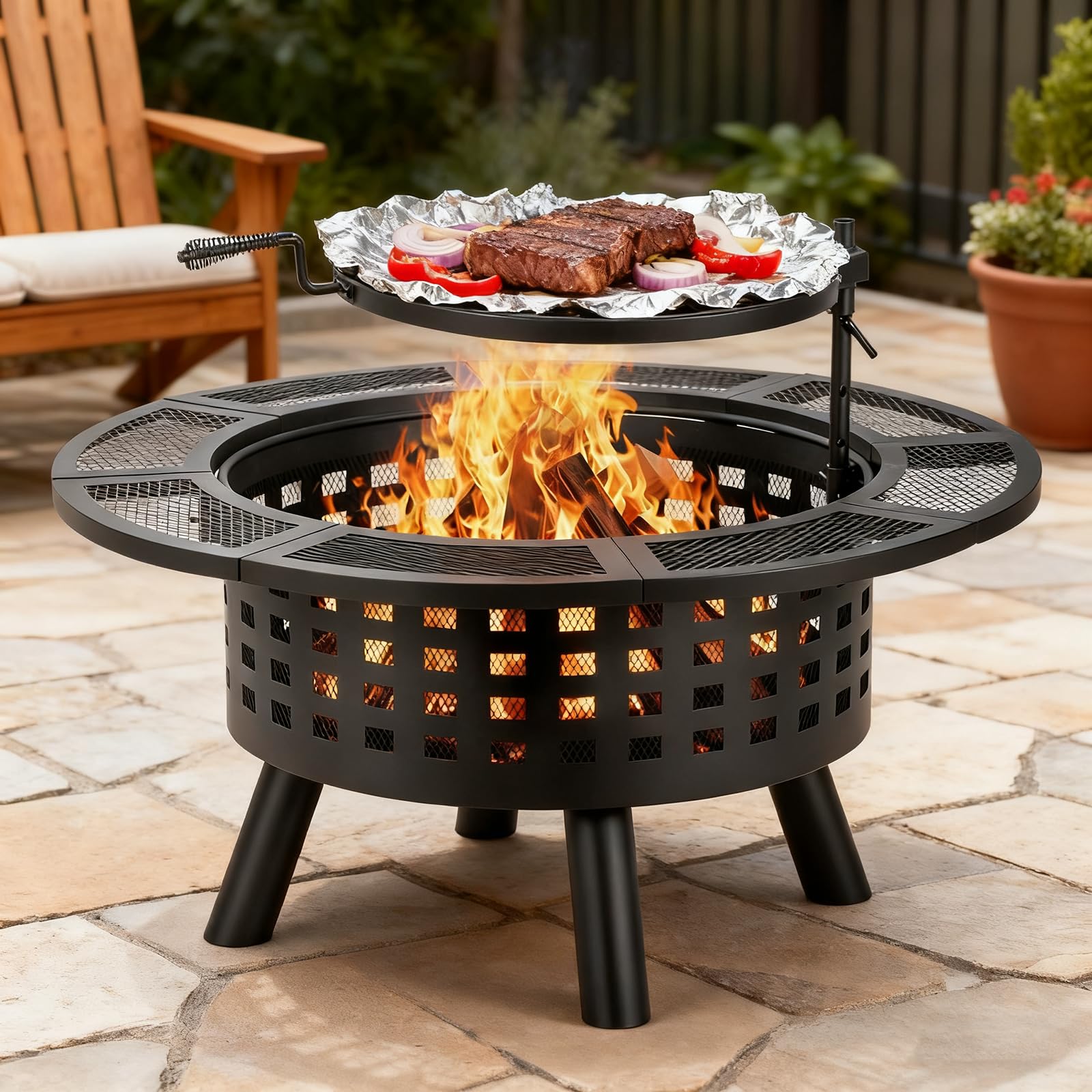36 inch Outdoor Fire Pit with Grill,Wood Burning Fire Pits for Outside with Lid & Fire Poker,Metal 3-in-1 Firepit Table with Cooking Grate,Outdoor Firepit for Yard,Bonfire,Patio(Charcoal)