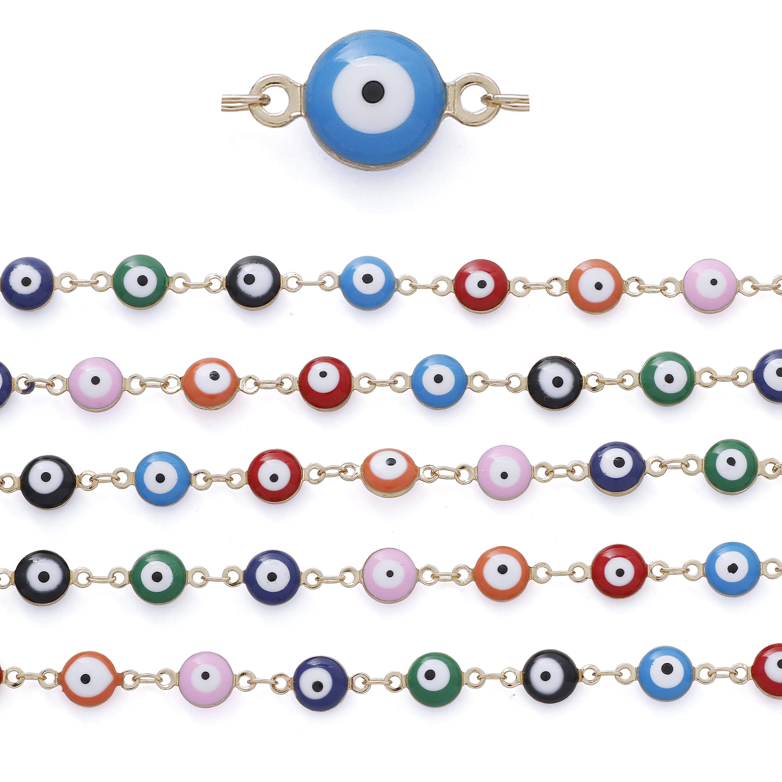 COIRIS 3.28 Feet Mixcolor Evil Eye Link Chains 1 Meter Handmade Gold Plated Beaded Brass Chains for Choker Necklace Bracelet Earrings Eyeglass Chain Jewelry Making(PN-1044-Mix-8)