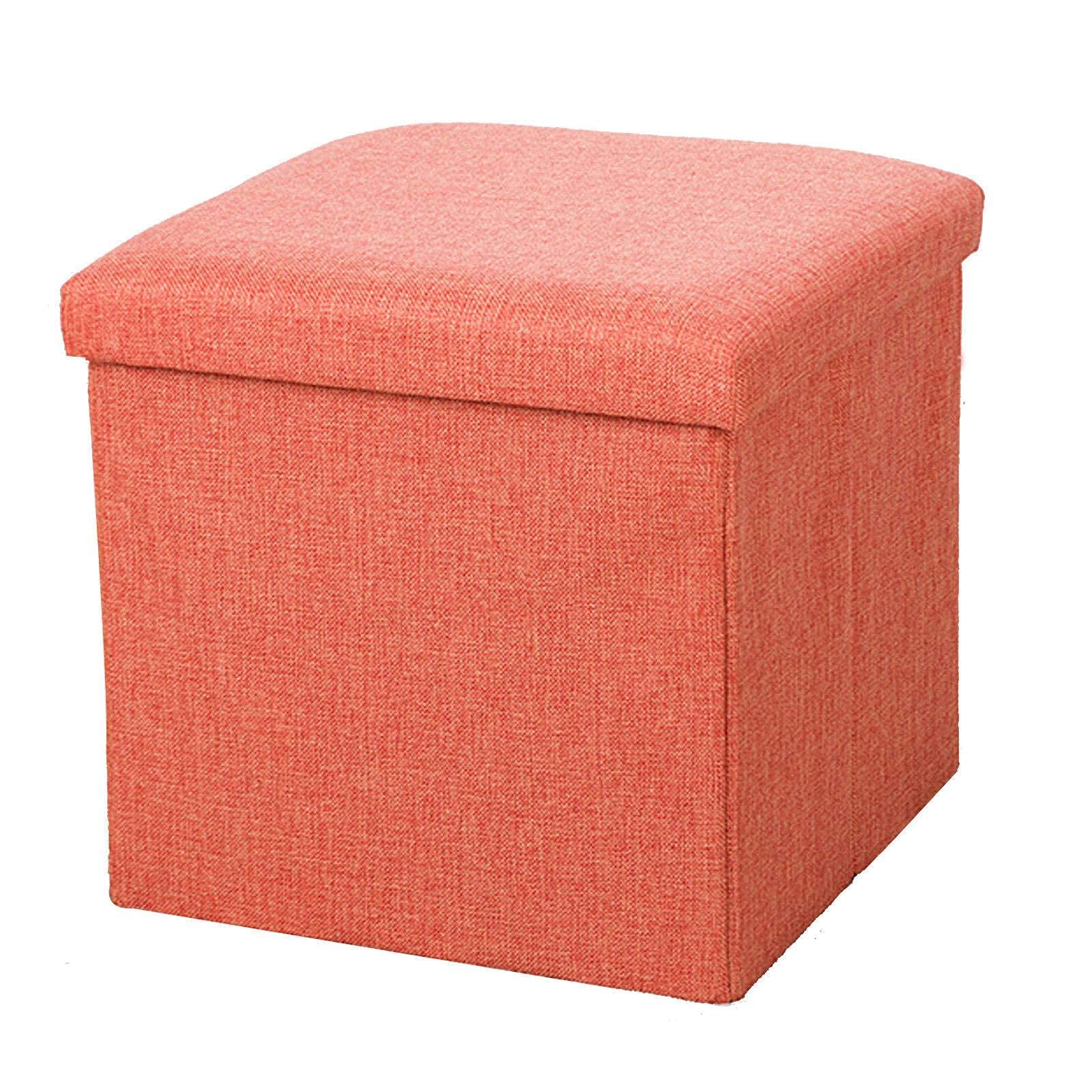 Coffre à jouets pouf pliant en linge orange, tabouret et repose-pieds cube compact